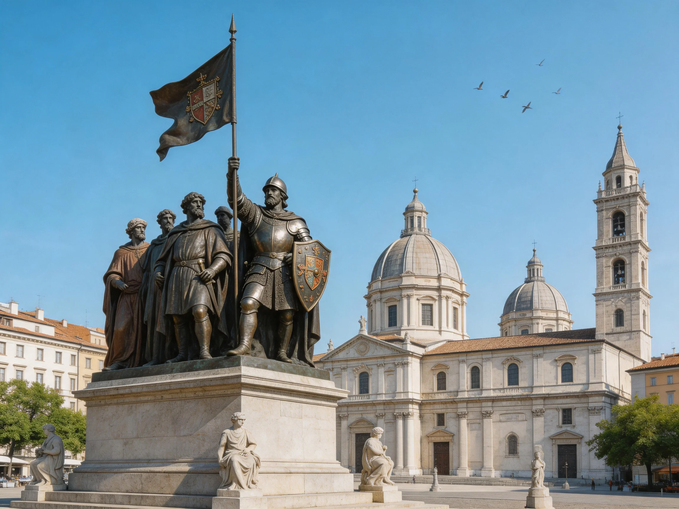 A bronze statue of armored knights near a grand baroque cathedral