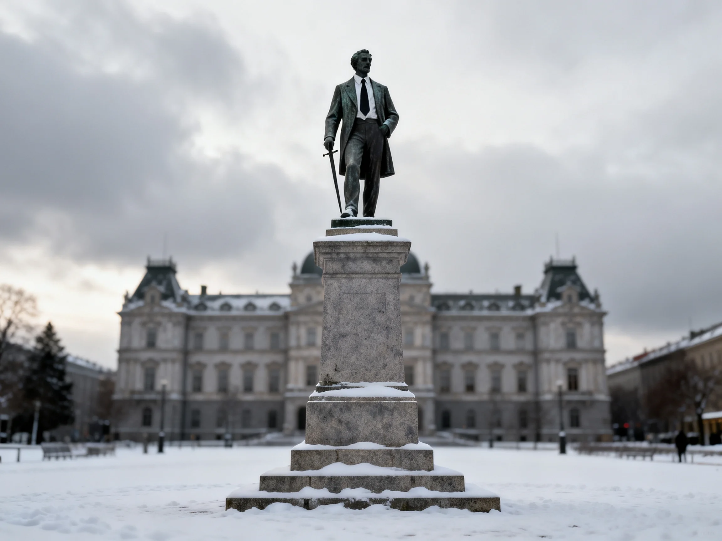 A bronze statue stands in a snow - covered plaza before an ornate gray building