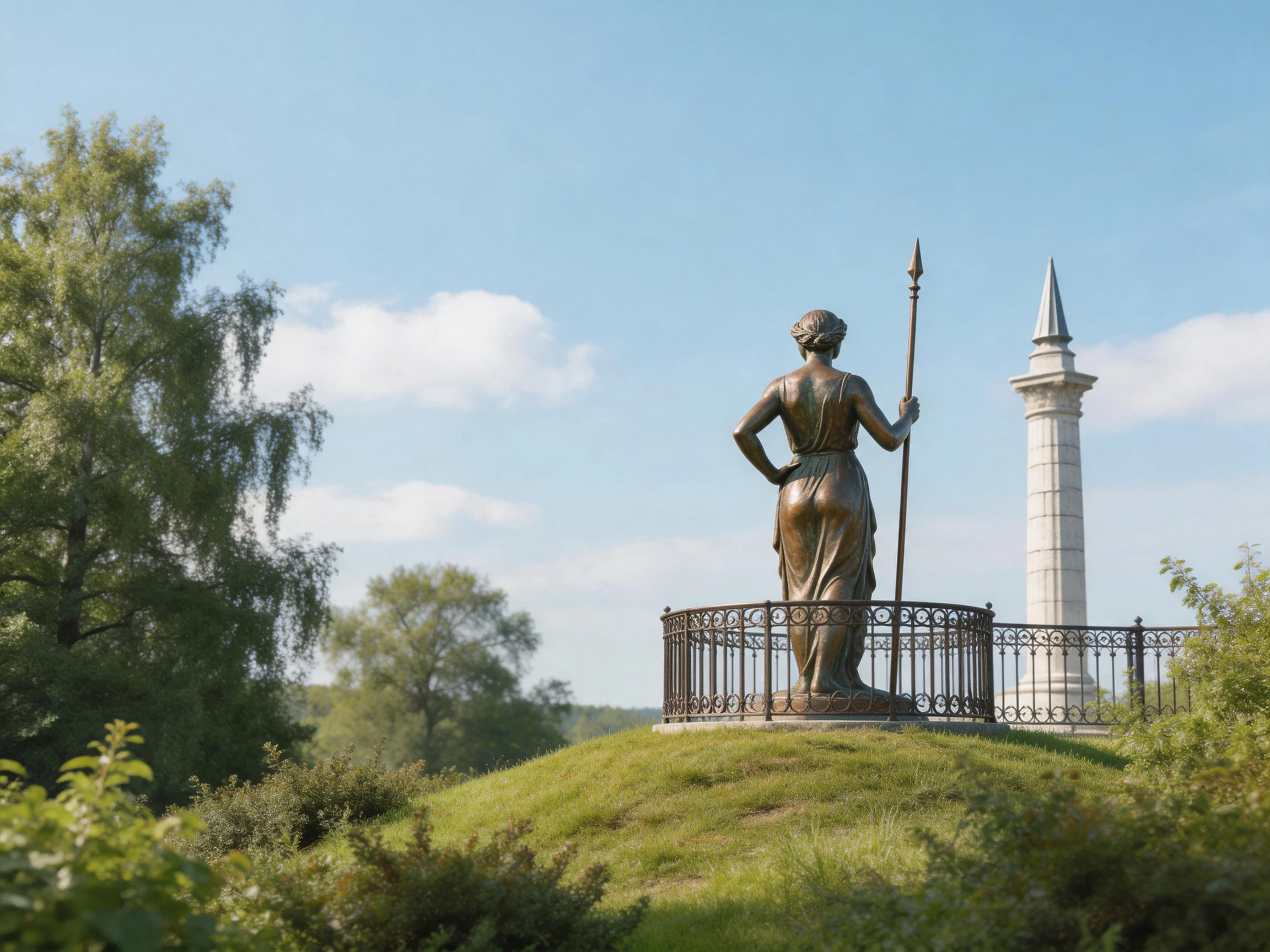 A bronze statue stands on a grassy mound beside a white monument