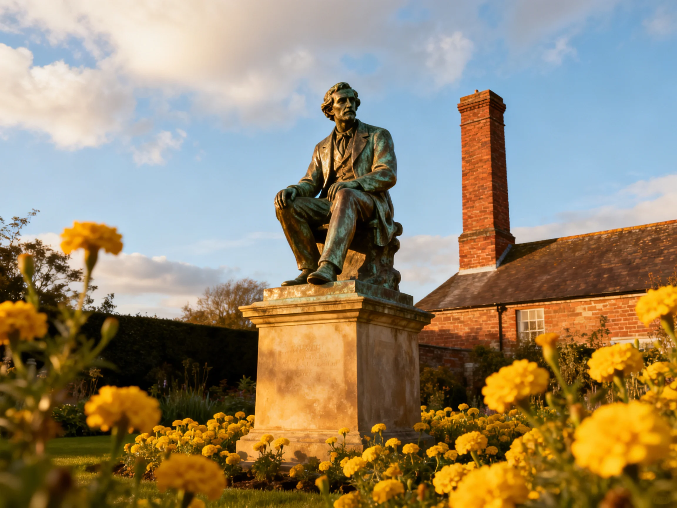 A bronze statue with yellow flowers near a brick building