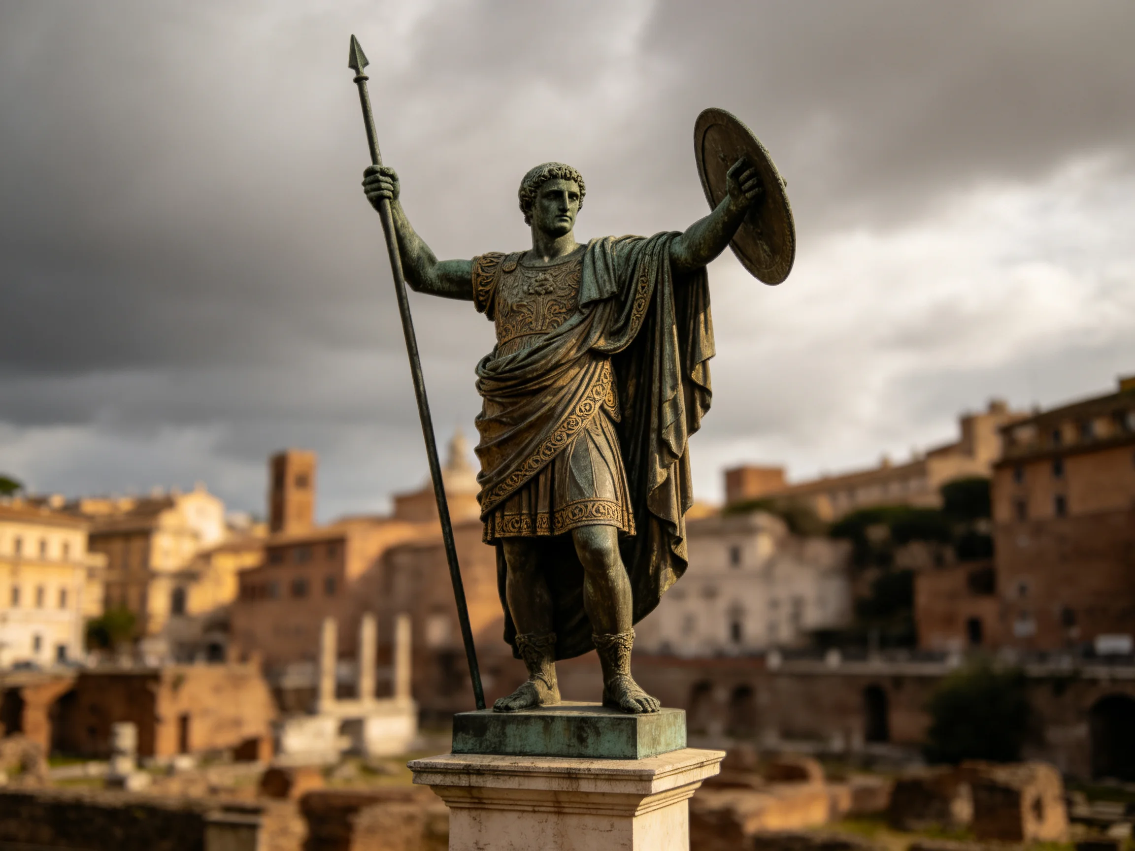 A bronze warrior statue holding spear and shield among ancient ruins