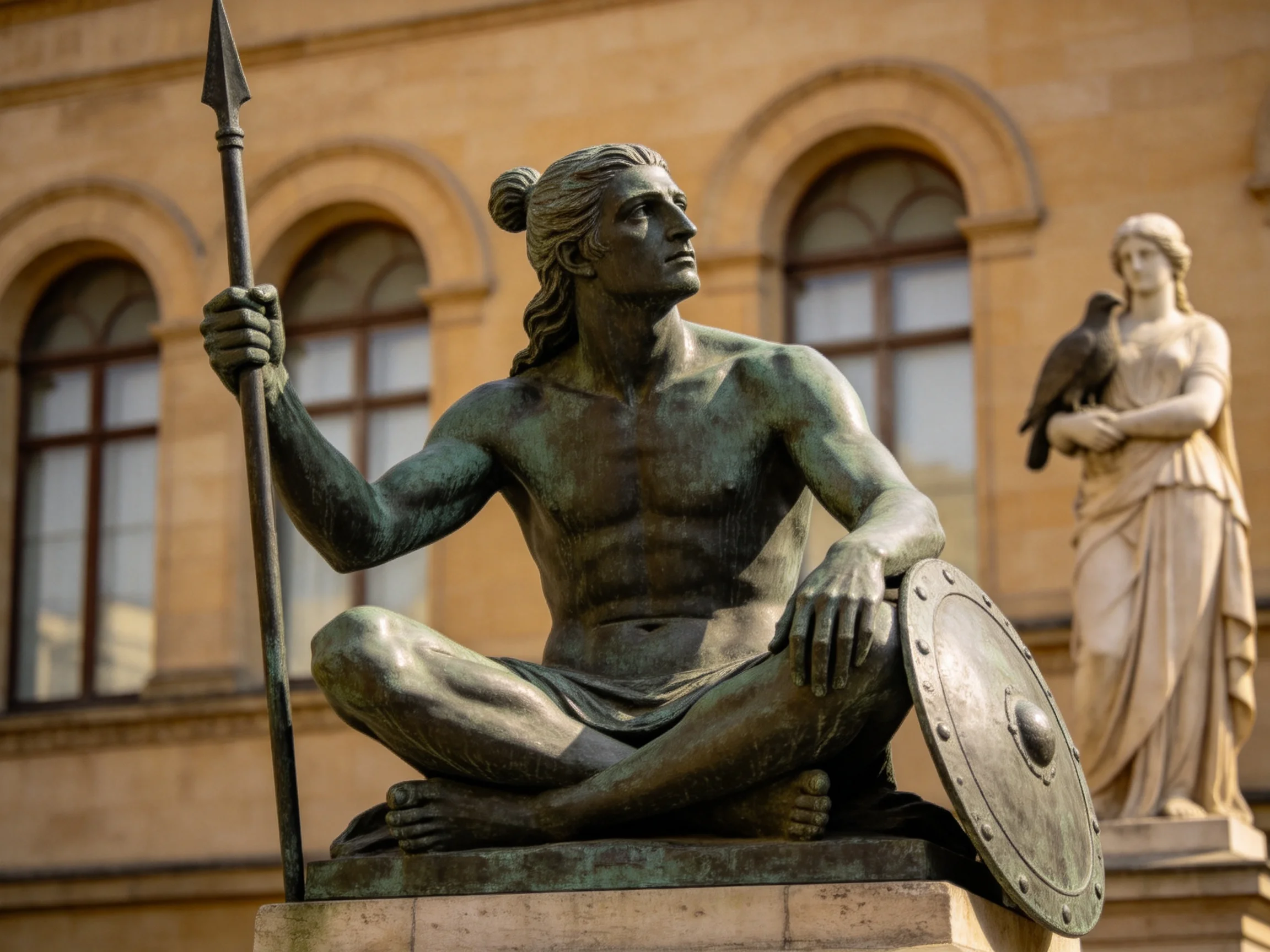 A bronze warrior statue seated with spear and shield near a stone figure
