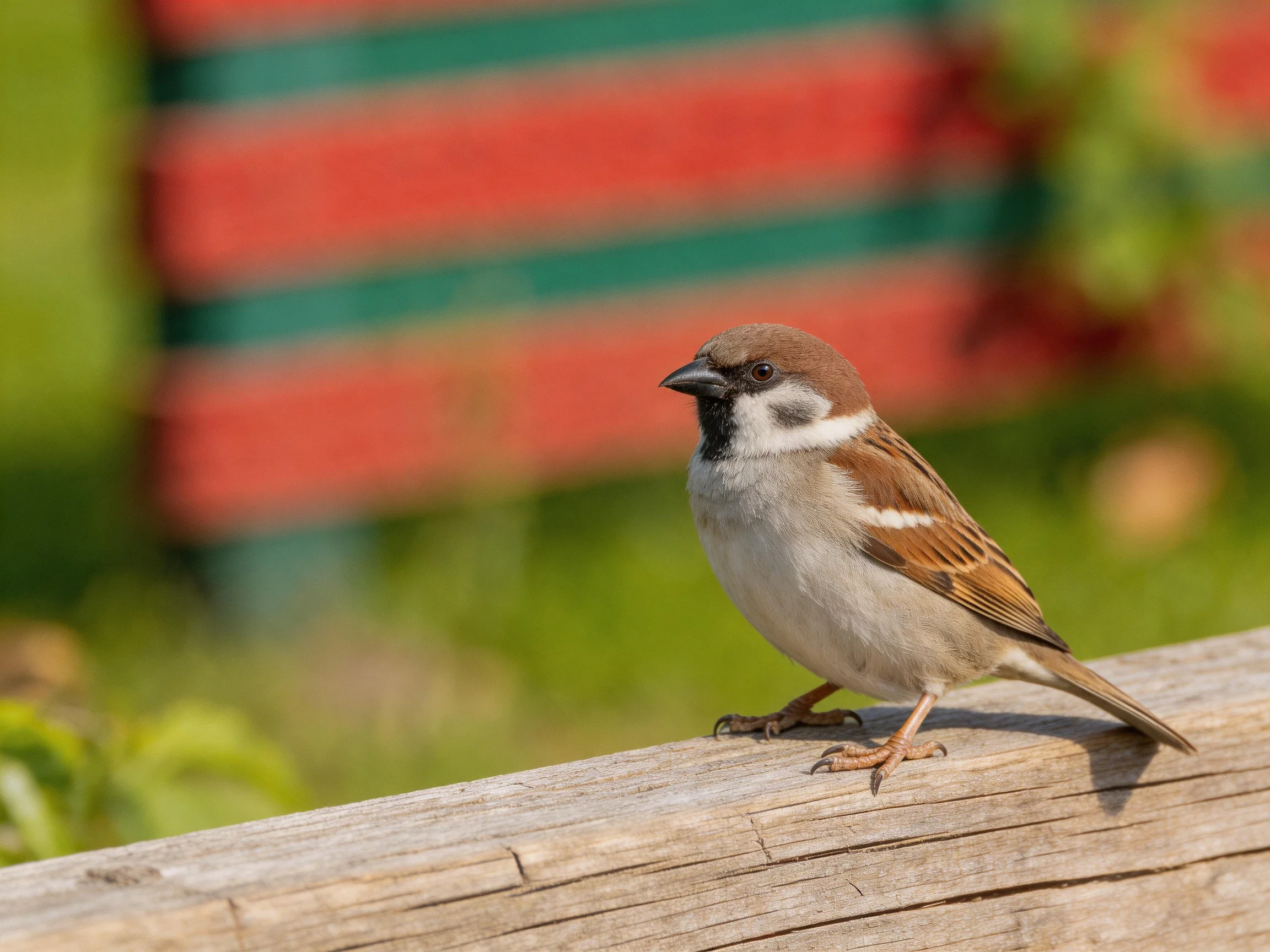 A brown and white sparrow perches on weathered wooden planks near colorful striped structures