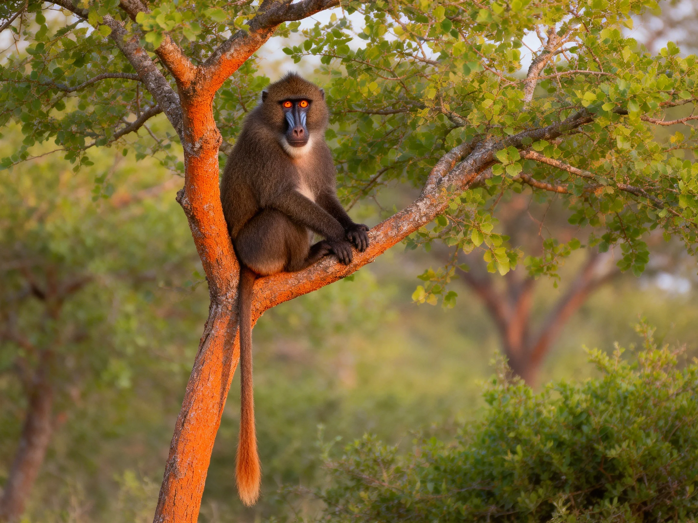 A brown baboon sits on an orange-barked tree amid lush greenery