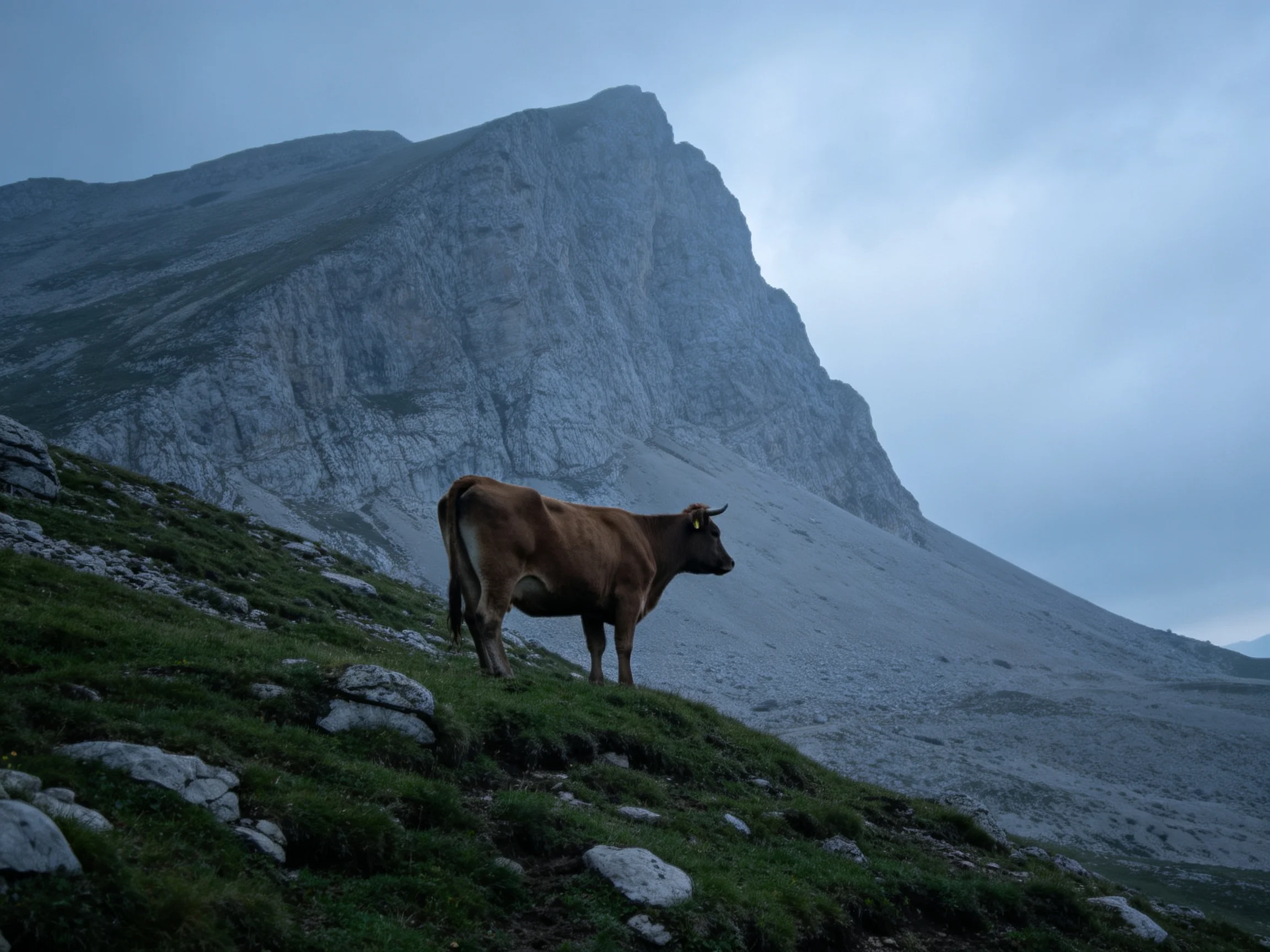 A brown cow on a grassy slope near a towering gray mountain