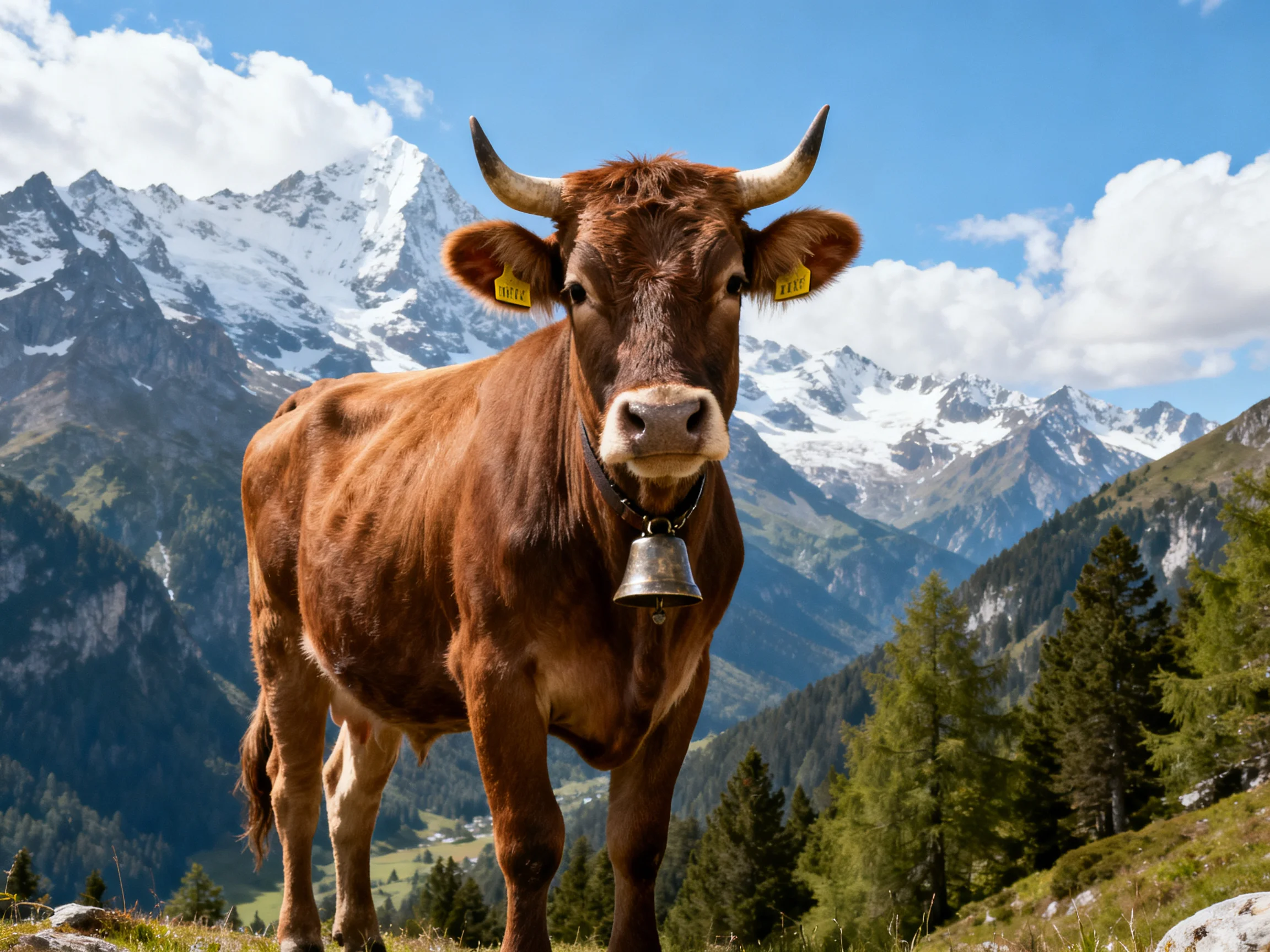 A brown horned cow stands before snow - capped mountains