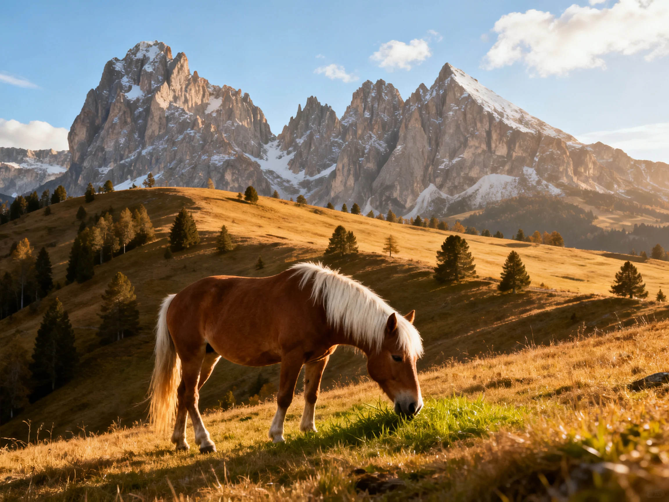 A brown horse grazes near golden hills with snow-capped peaks
