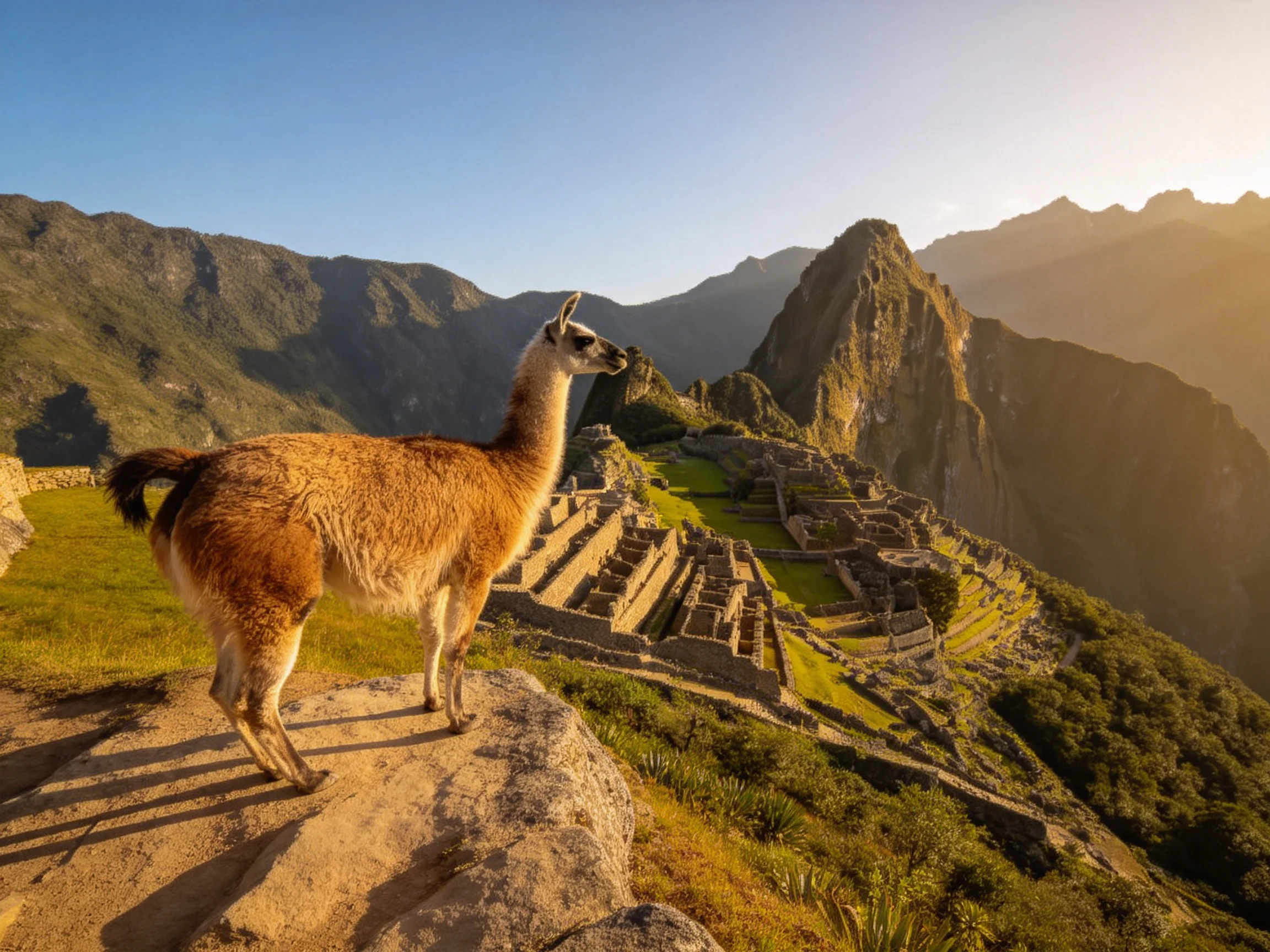 A brown llama overlooks ancient stone ruins under golden sunlight