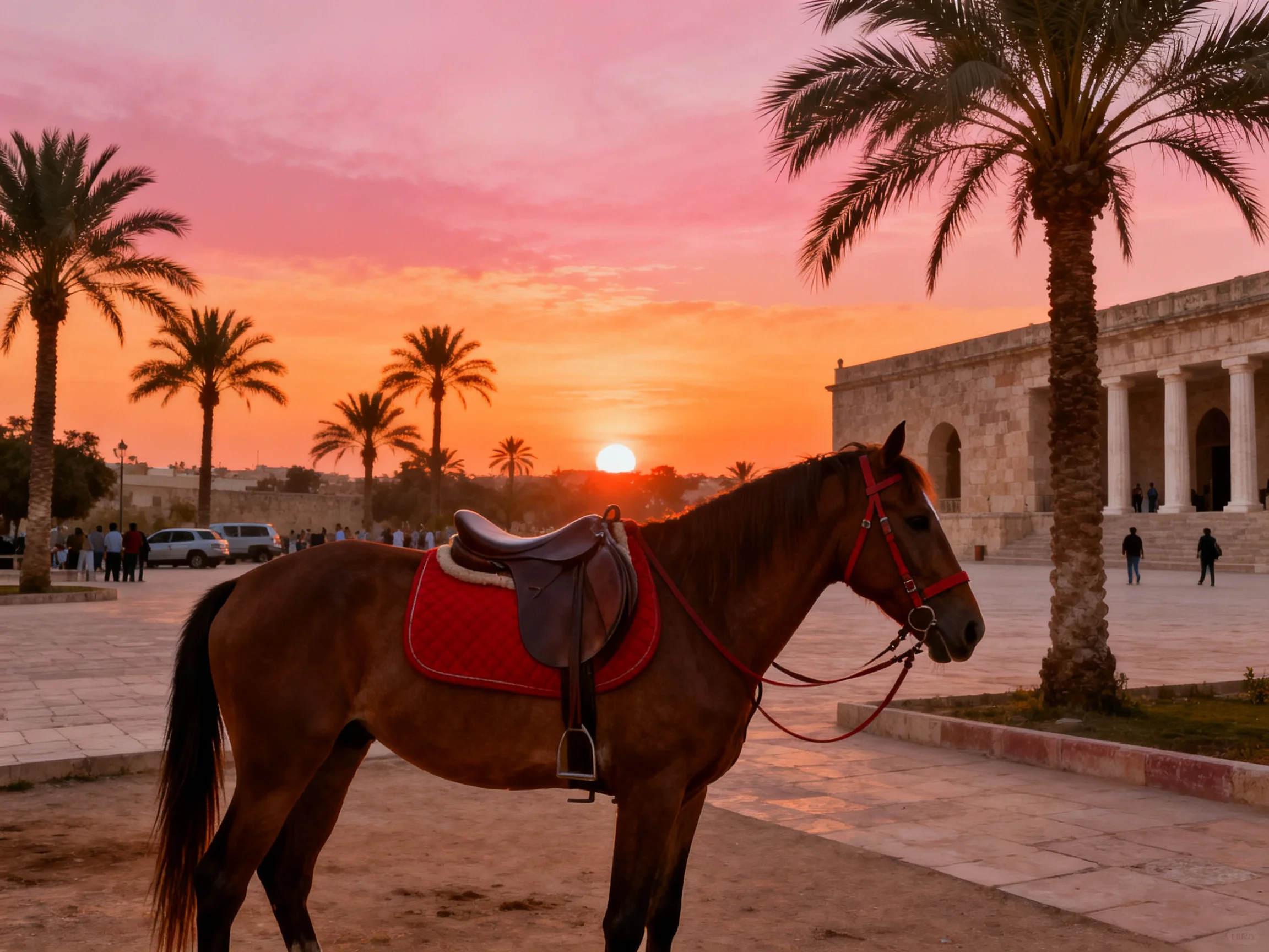 A brown saddled horse near palm trees by an ancient stone building at sunset