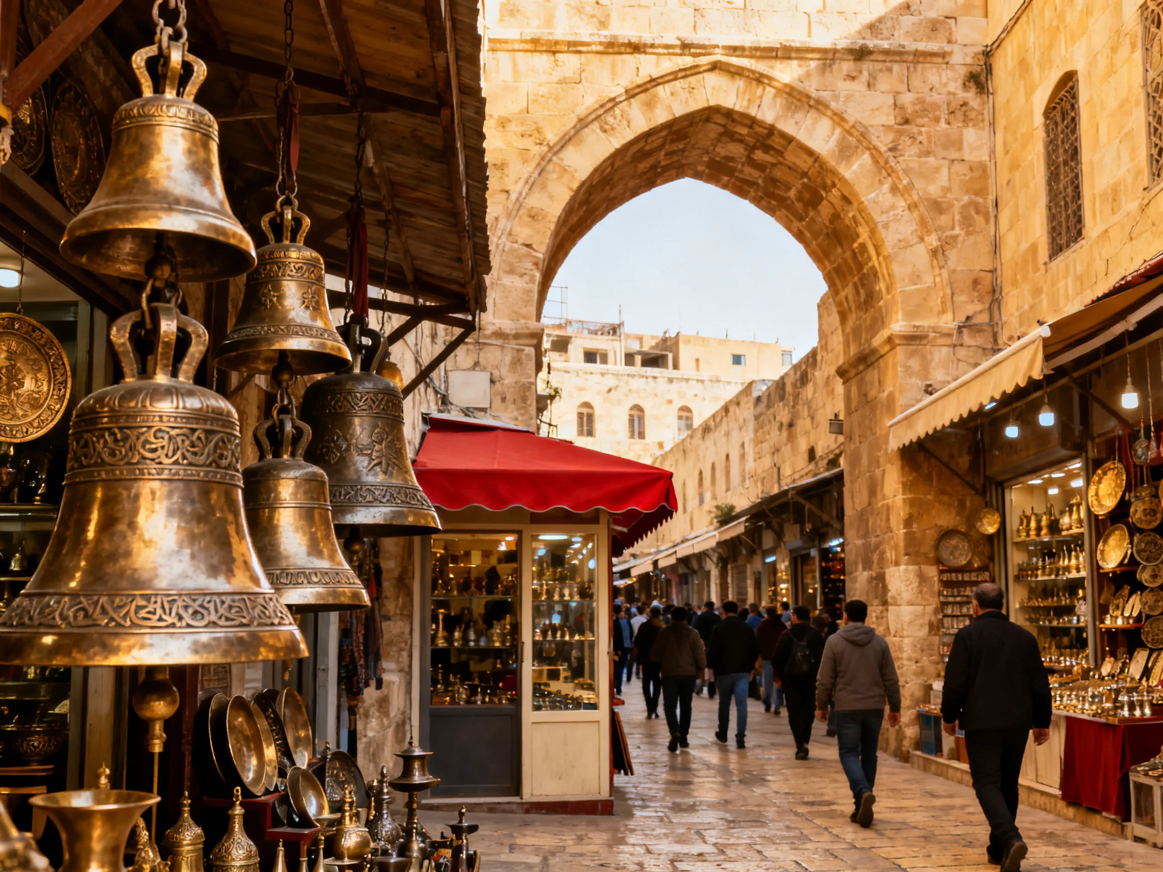 A bustling ancient market with brass bells and stone arches
