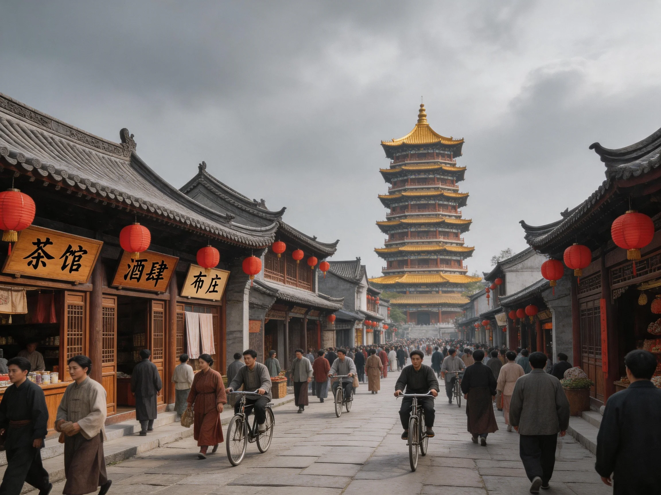 A bustling ancient street with red lanterns and a golden pagoda tower
