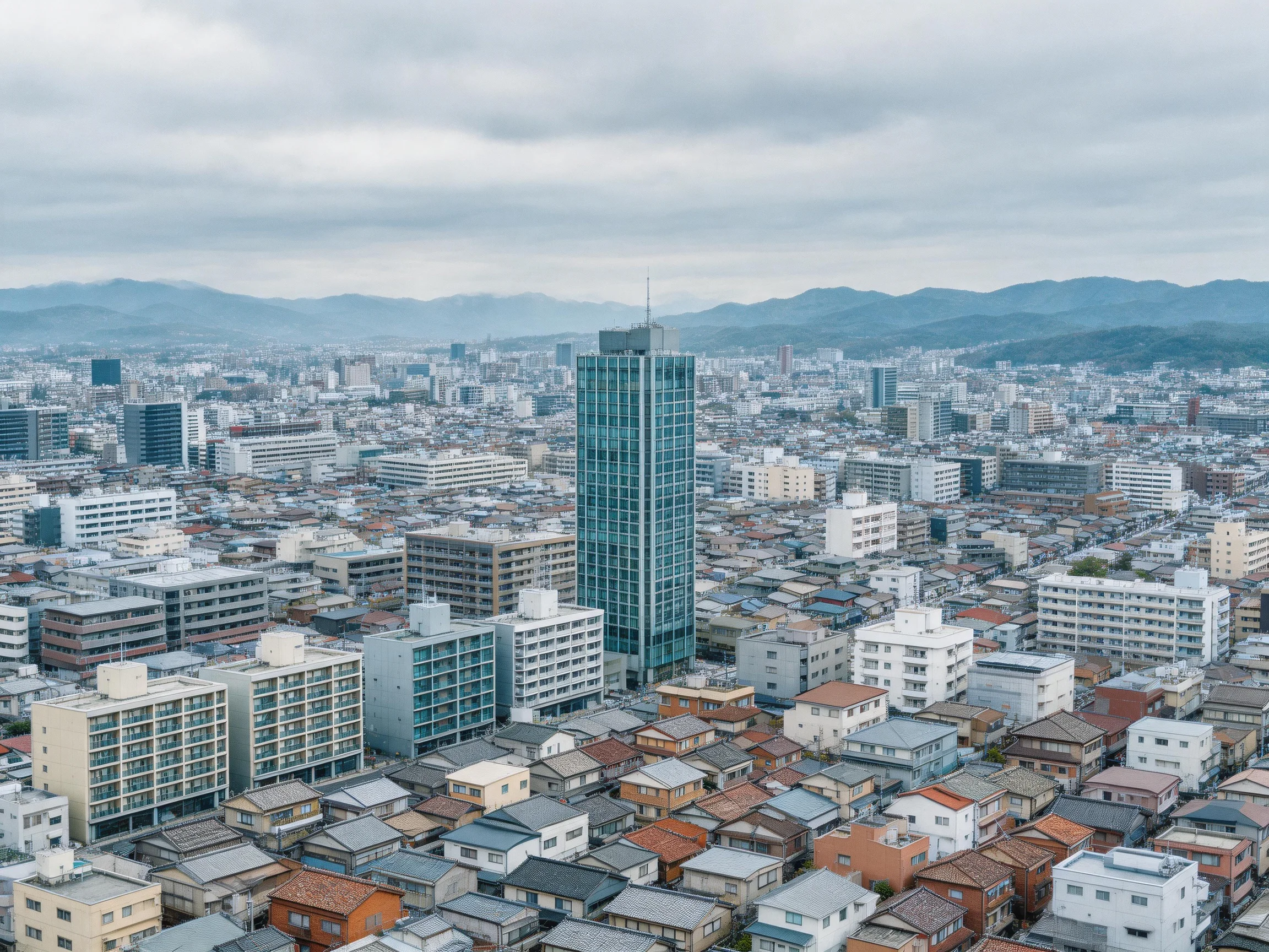 A bustling cityscape with a central glass skyscraper and distant mountains