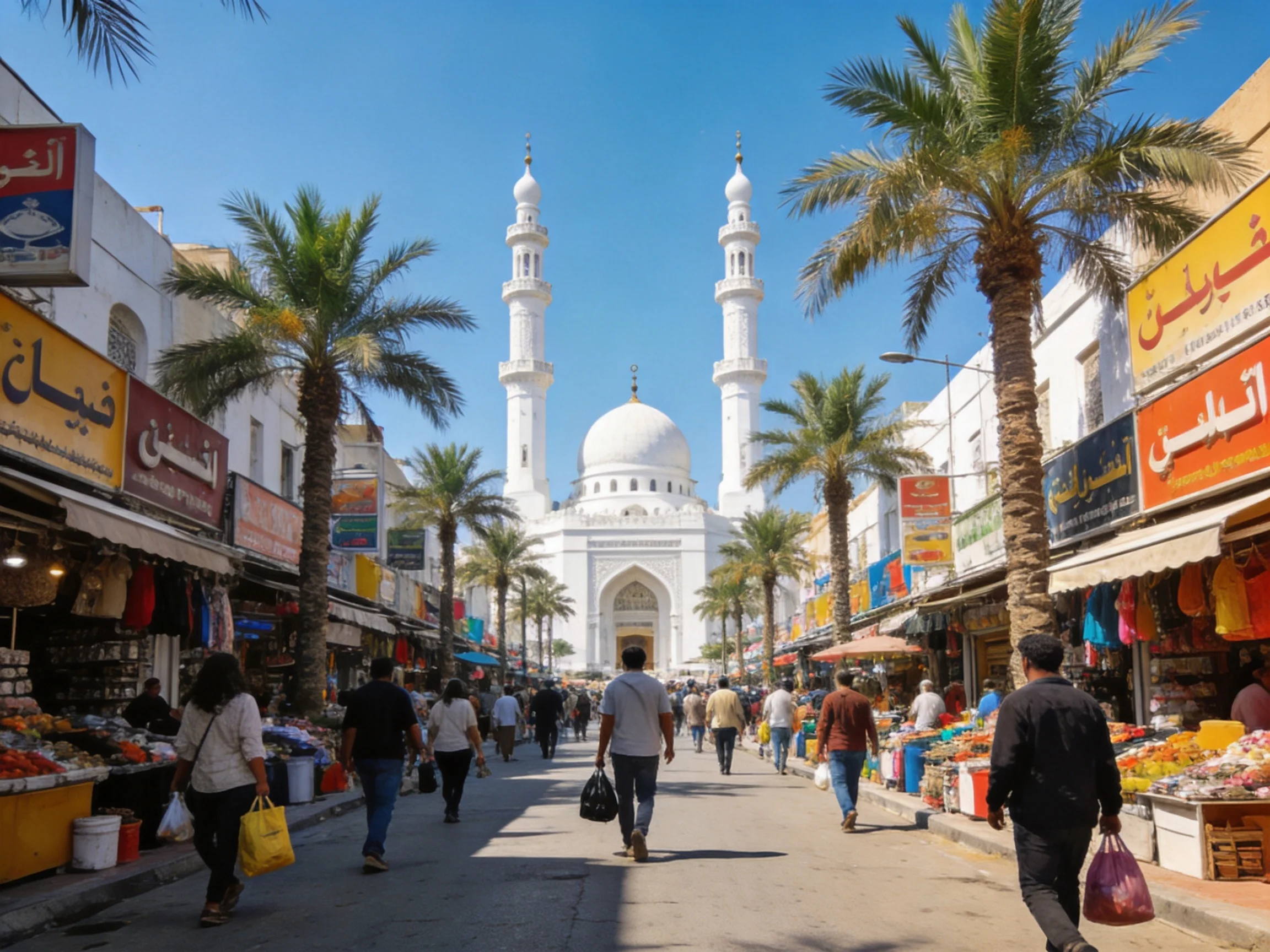 A bustling market street leads to a grand white mosque with tall minarets