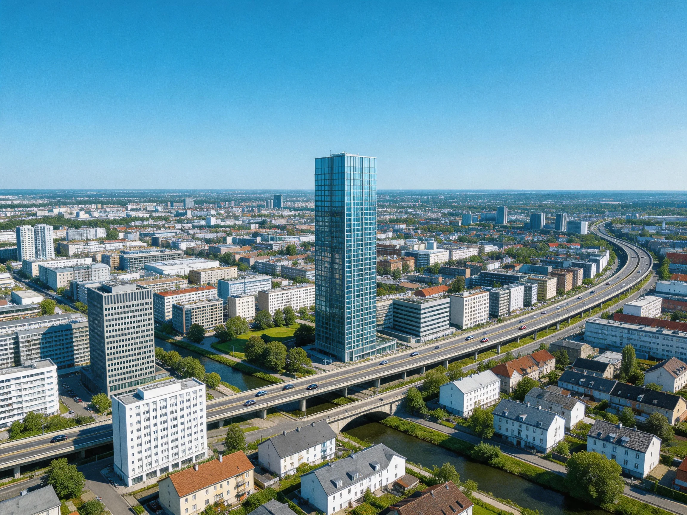 A bustling urban skyline with a towering glass skyscraper near curved highways