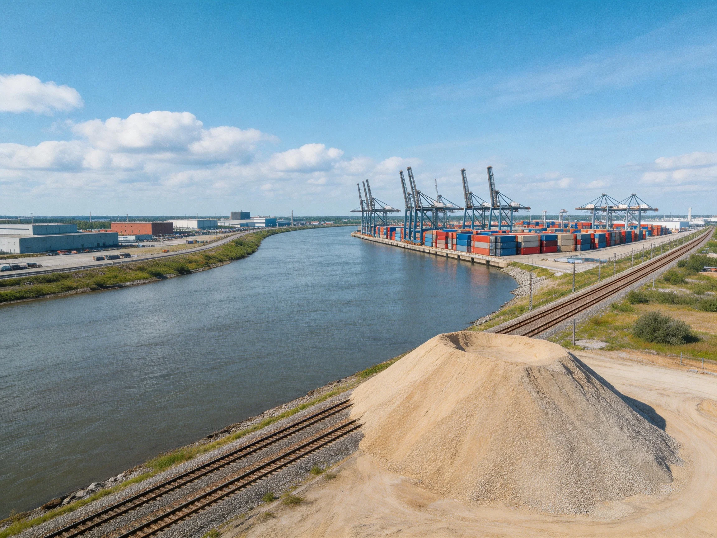 A busy port with colorful containers, cranes, and sandy piles near a wide river