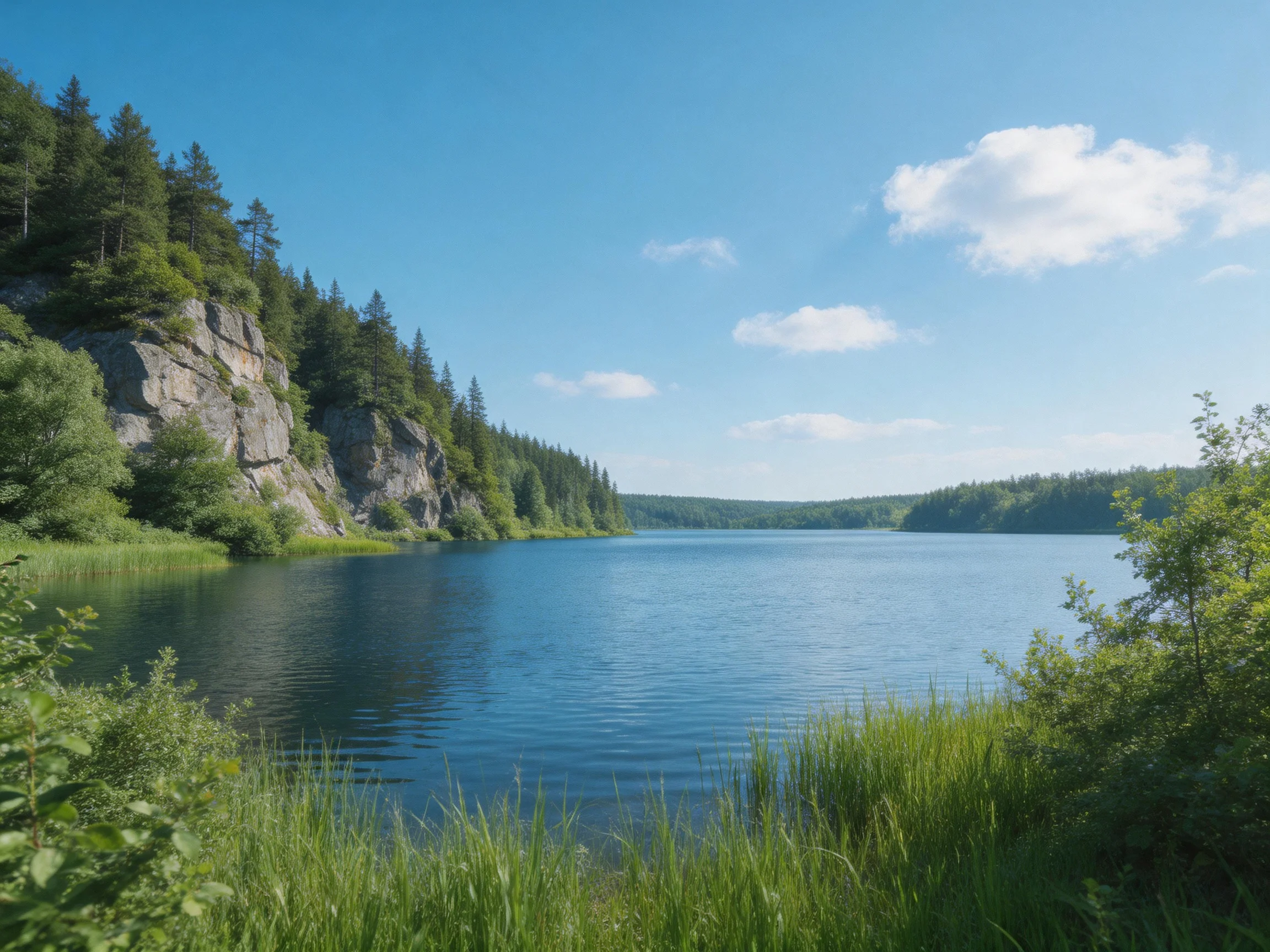 A calm lake bordered by rocky cliffs and verdant forests