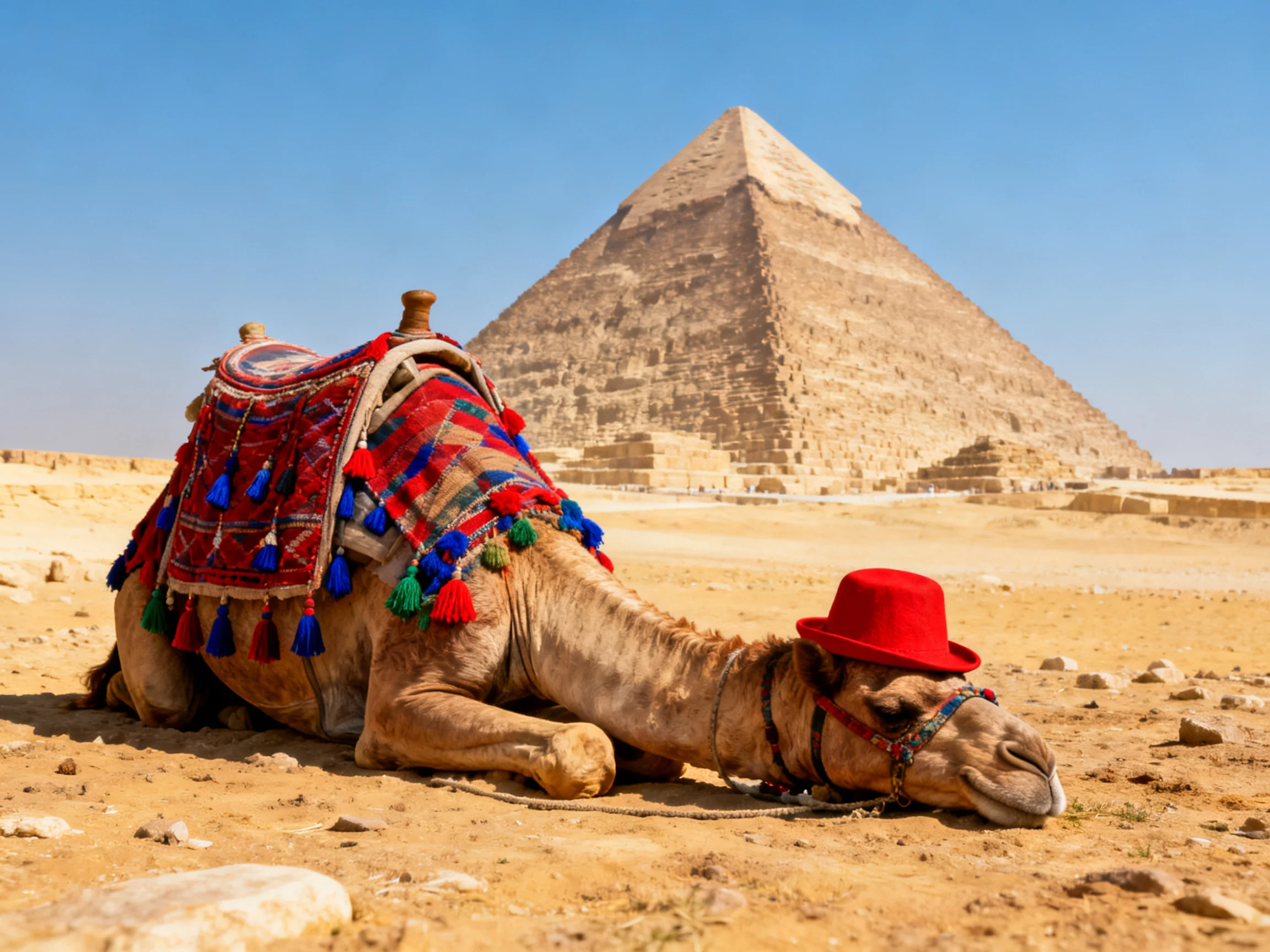A camel with colorful saddle rests near ancient pyramid under sunny sky