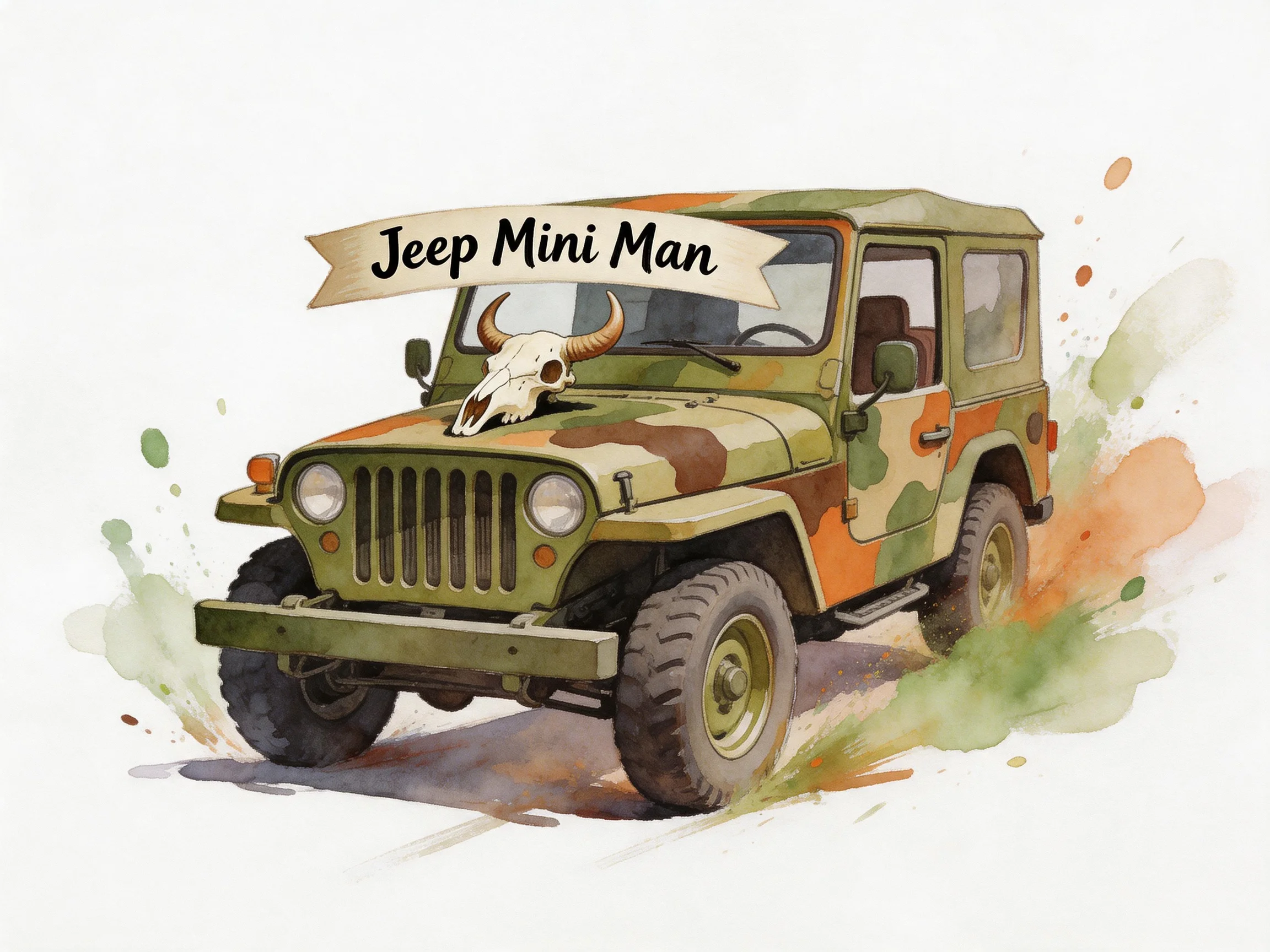 A camouflaged jeep with a skull emblem and watercolor splashes