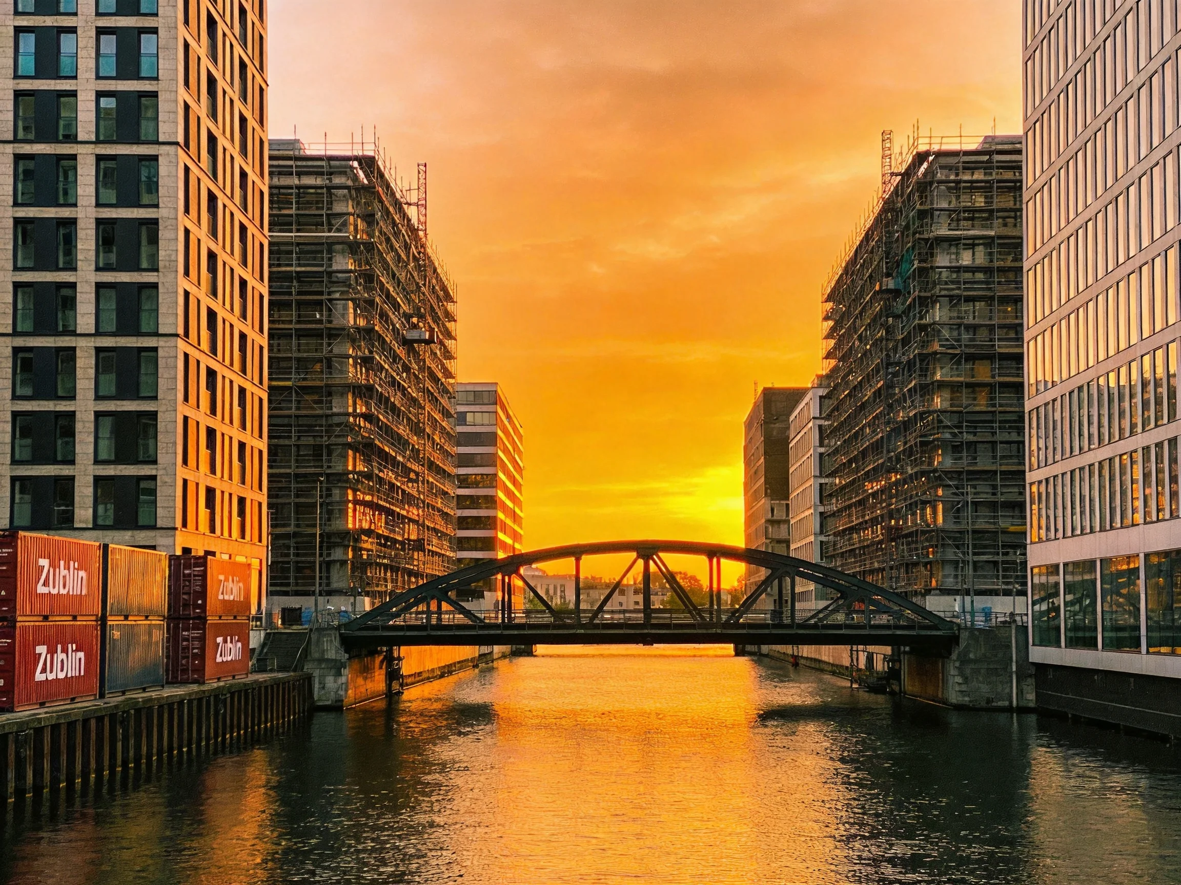 A canal between modern buildings has a metal bridge lit by a golden sunset