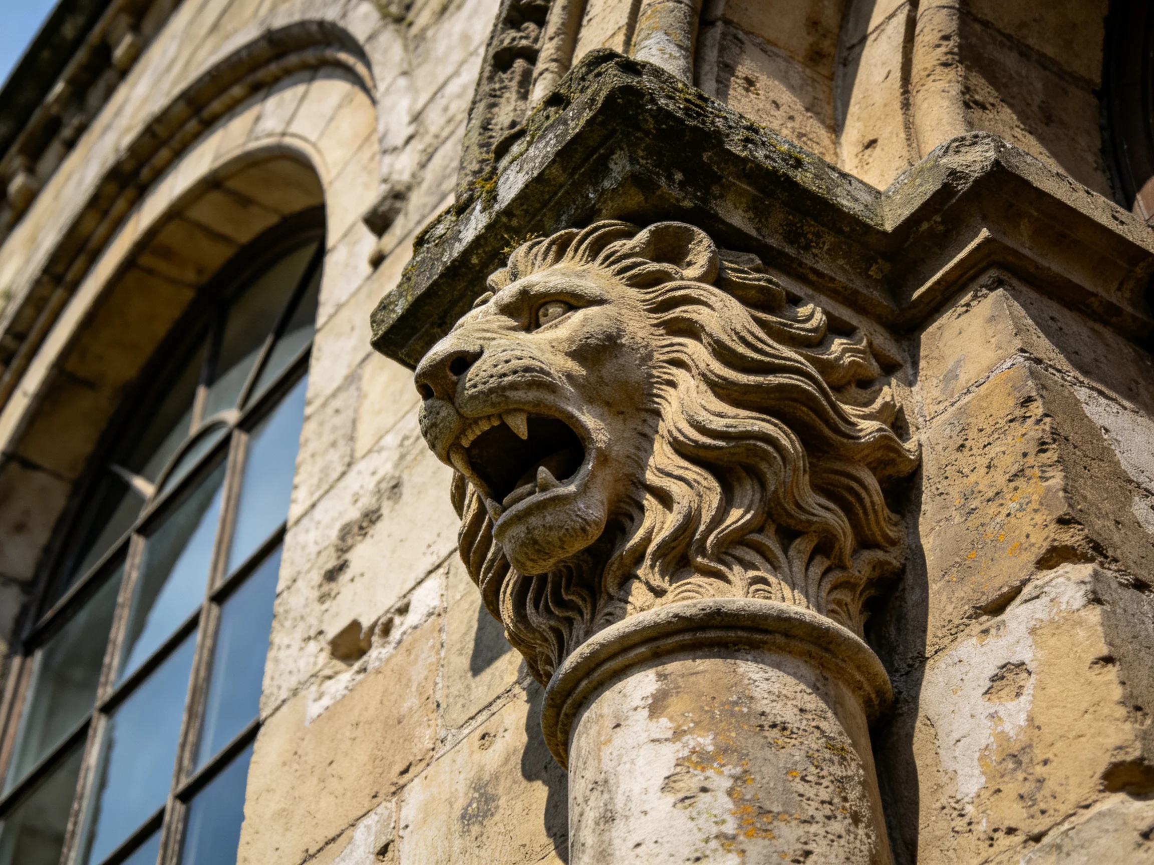 A carved stone lion head decorates an aged historic building corner