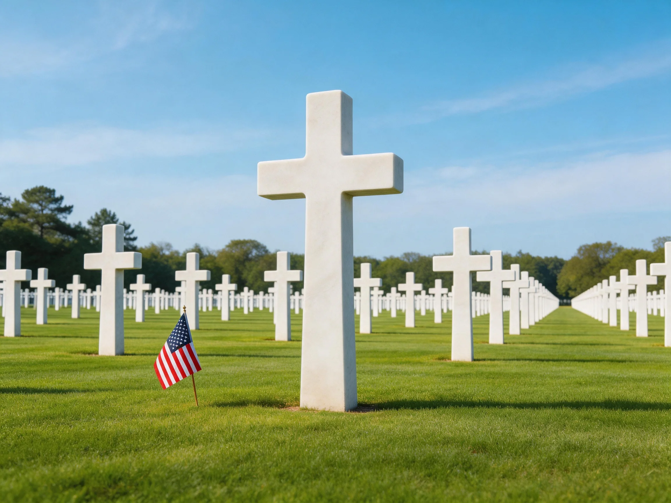 A cemetery with rows of white crosses and an American flag