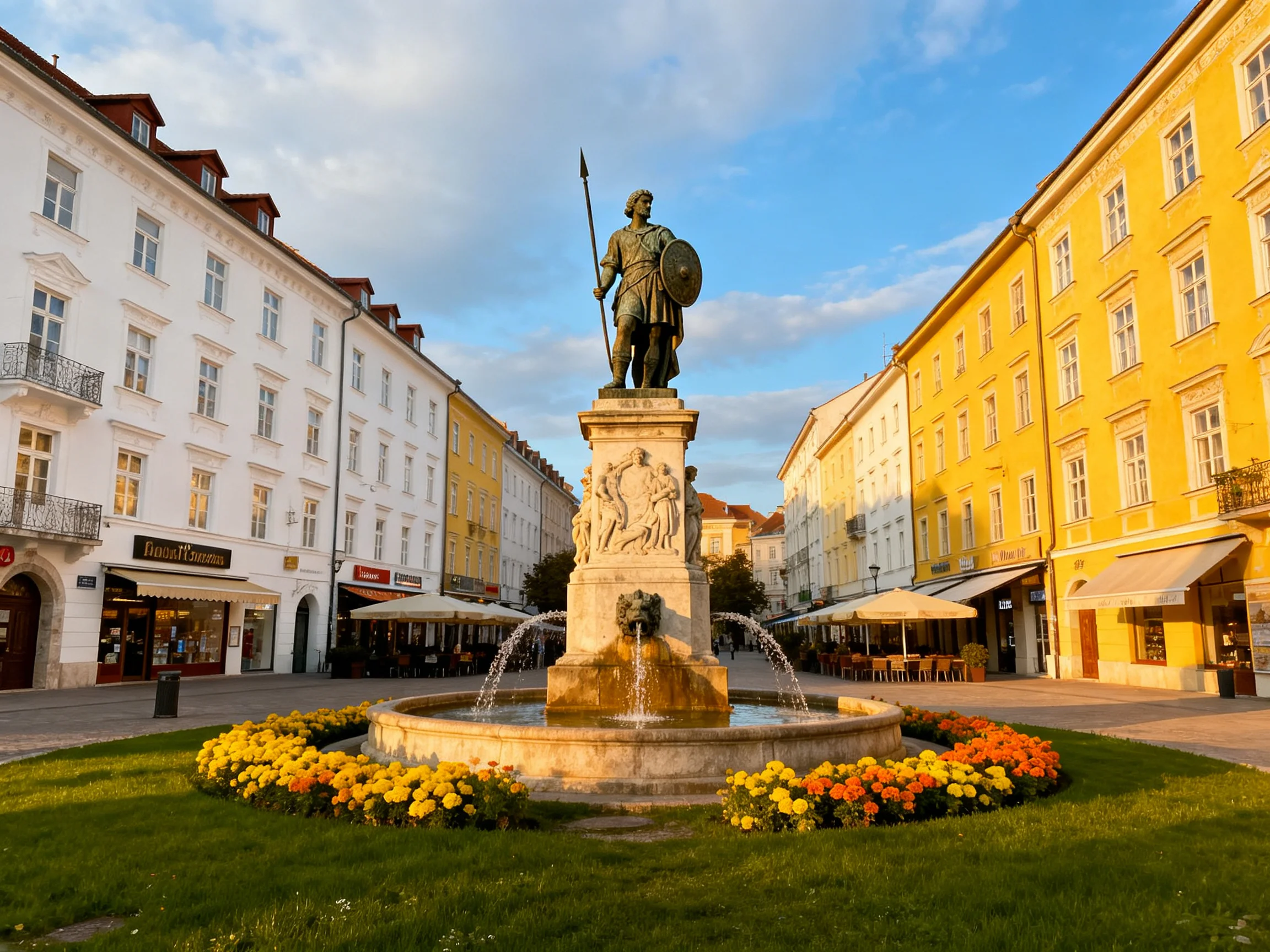 A central statue fountain amid colorful historic buildings
