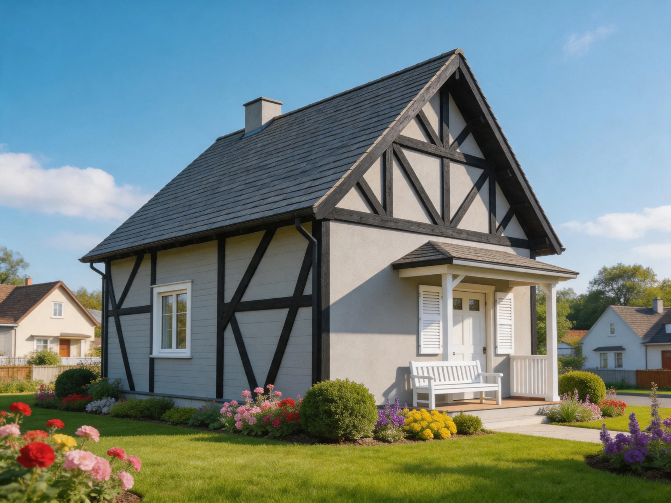 A charming half - timbered cottage with black beams and flower - filled yard