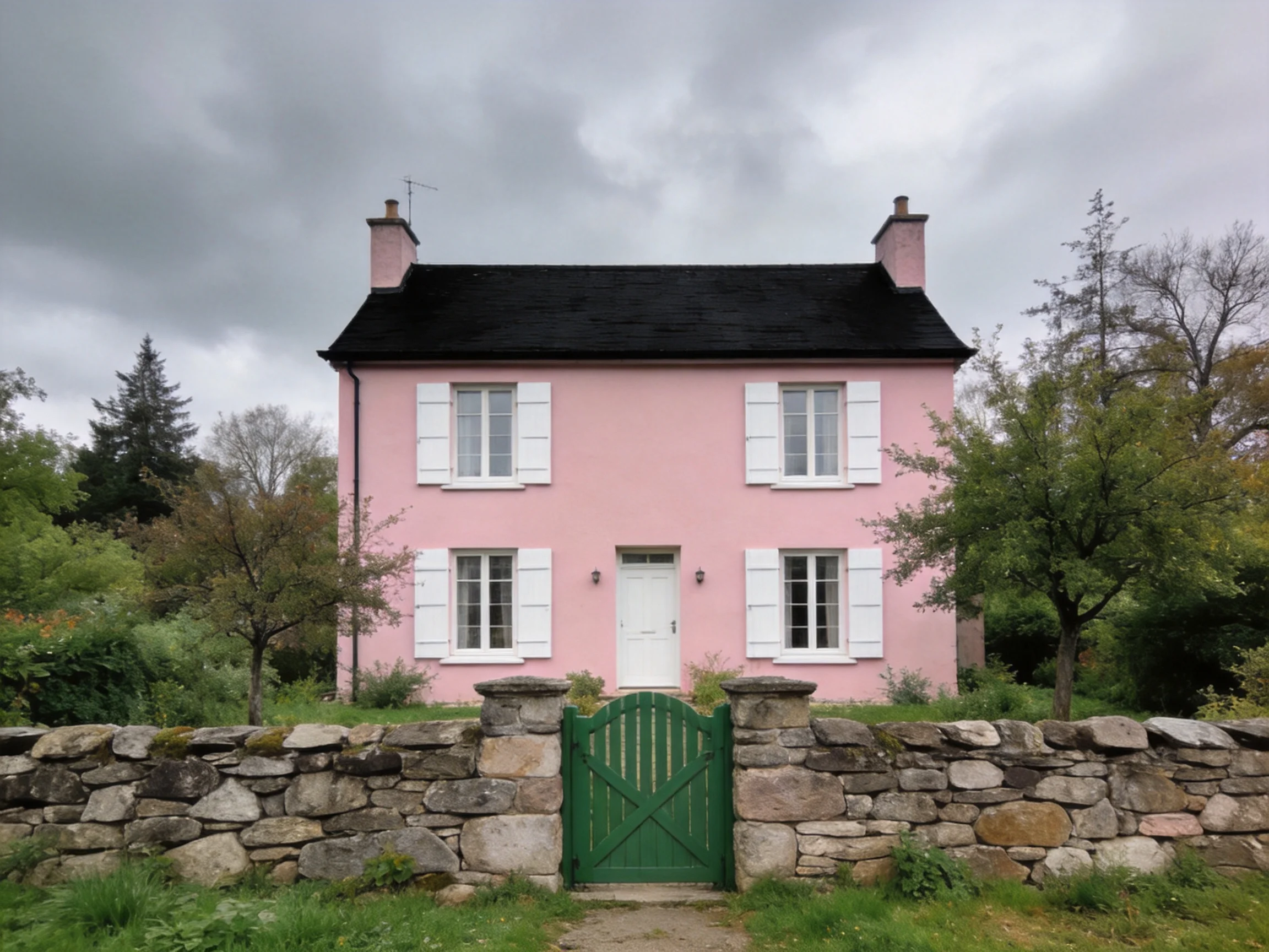 A charming pink two-story house with white shutters and a stone wall