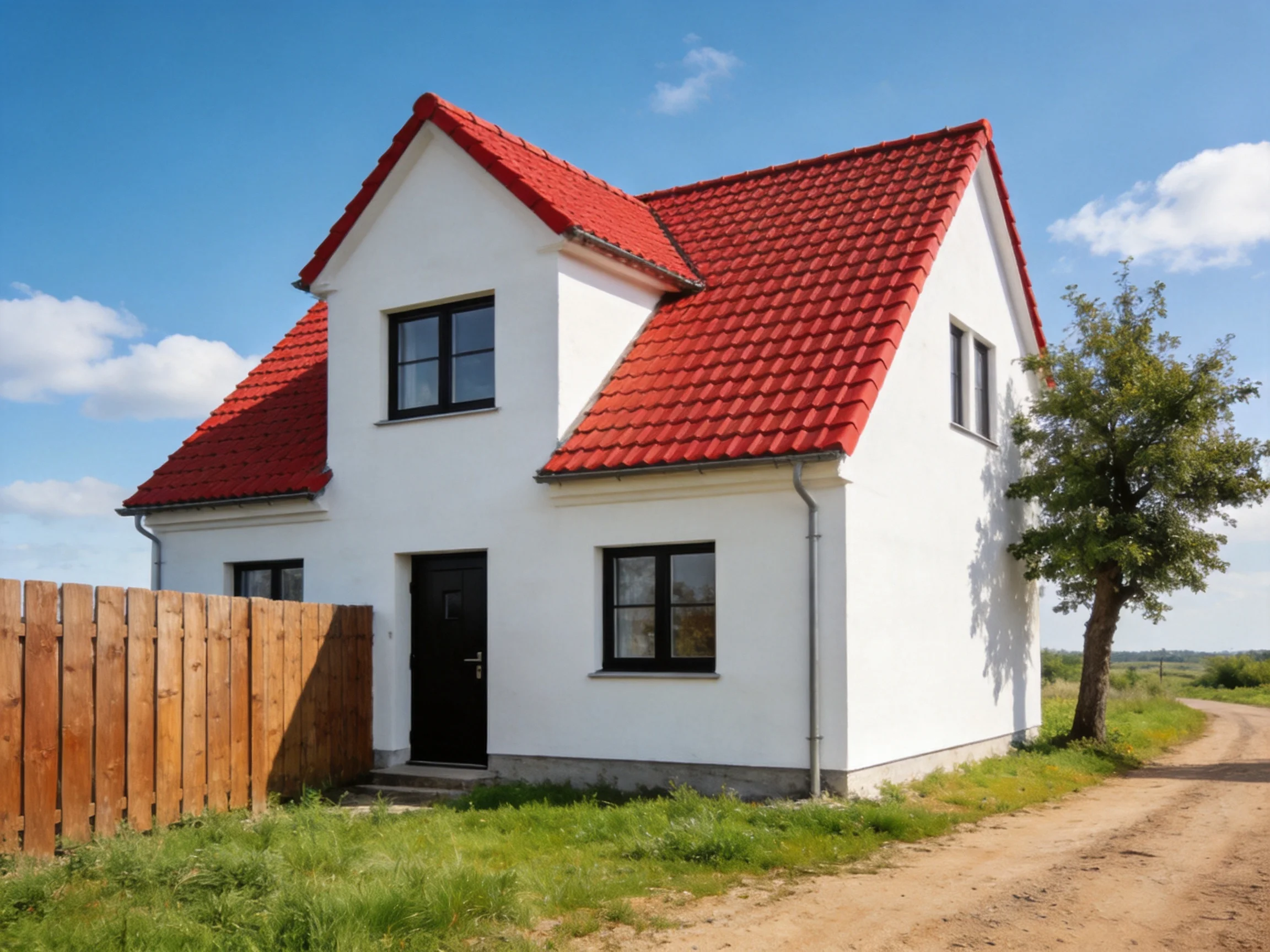 A charming two - story house with white siding and red tile roofing