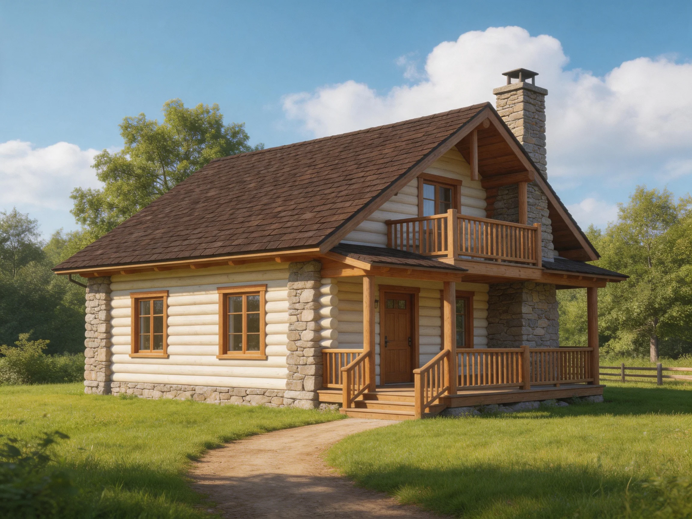 A charming two - story log cabin with stone chimney and wooden porch