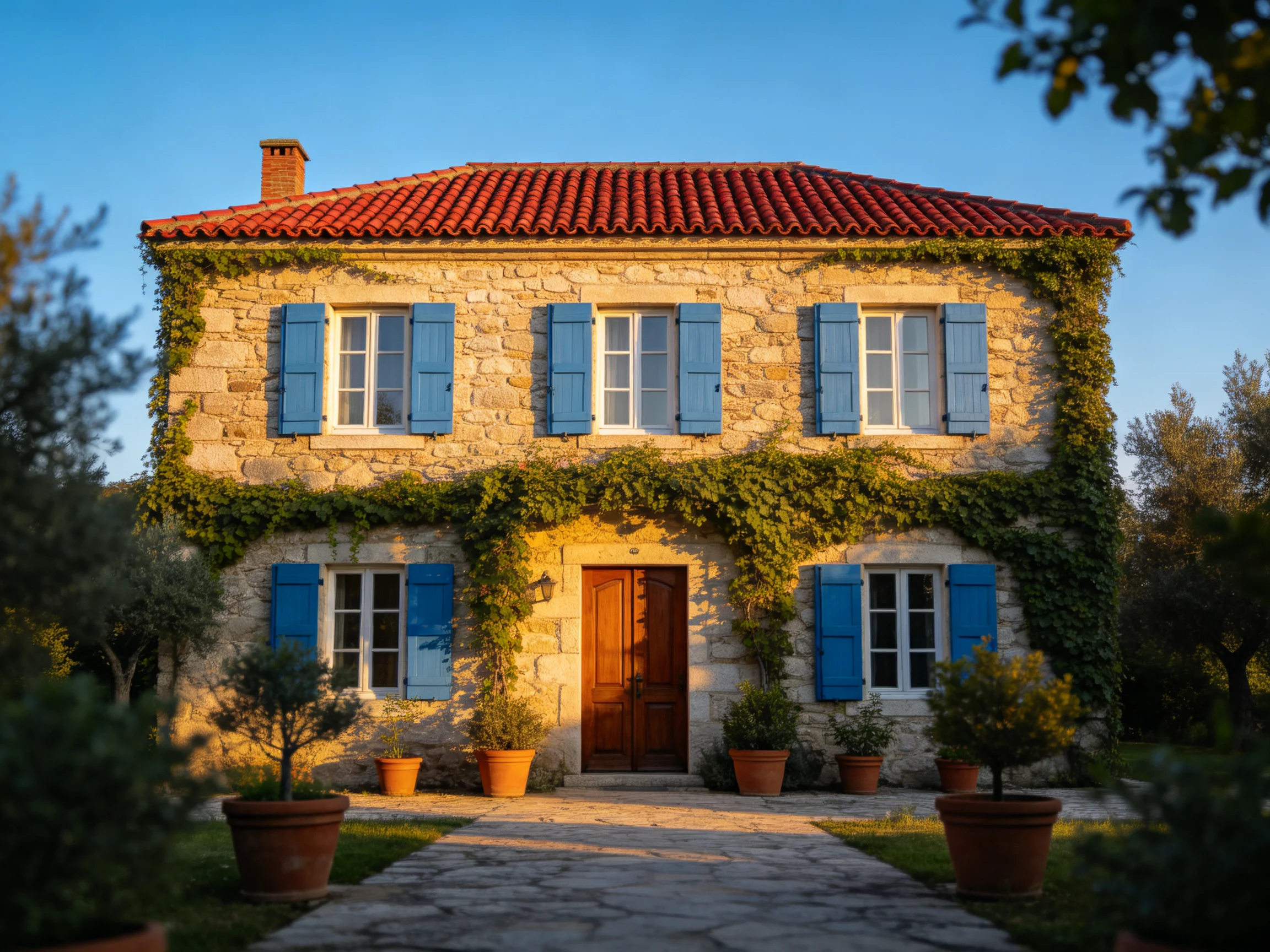 A charming two-story stone house with blue shutters and red tile roof