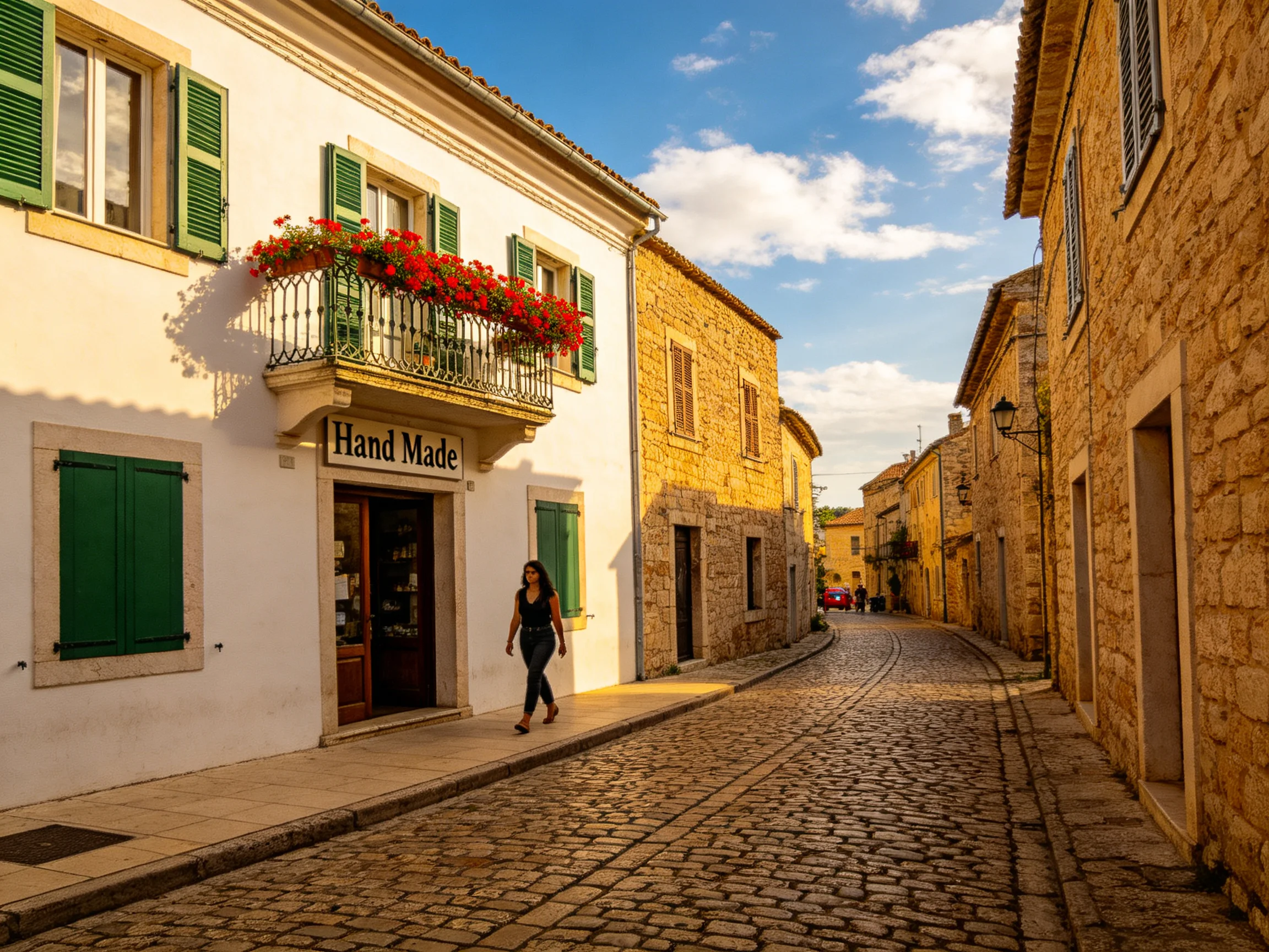 A charming village street with white buildings, green shutters, and red flower balconies
