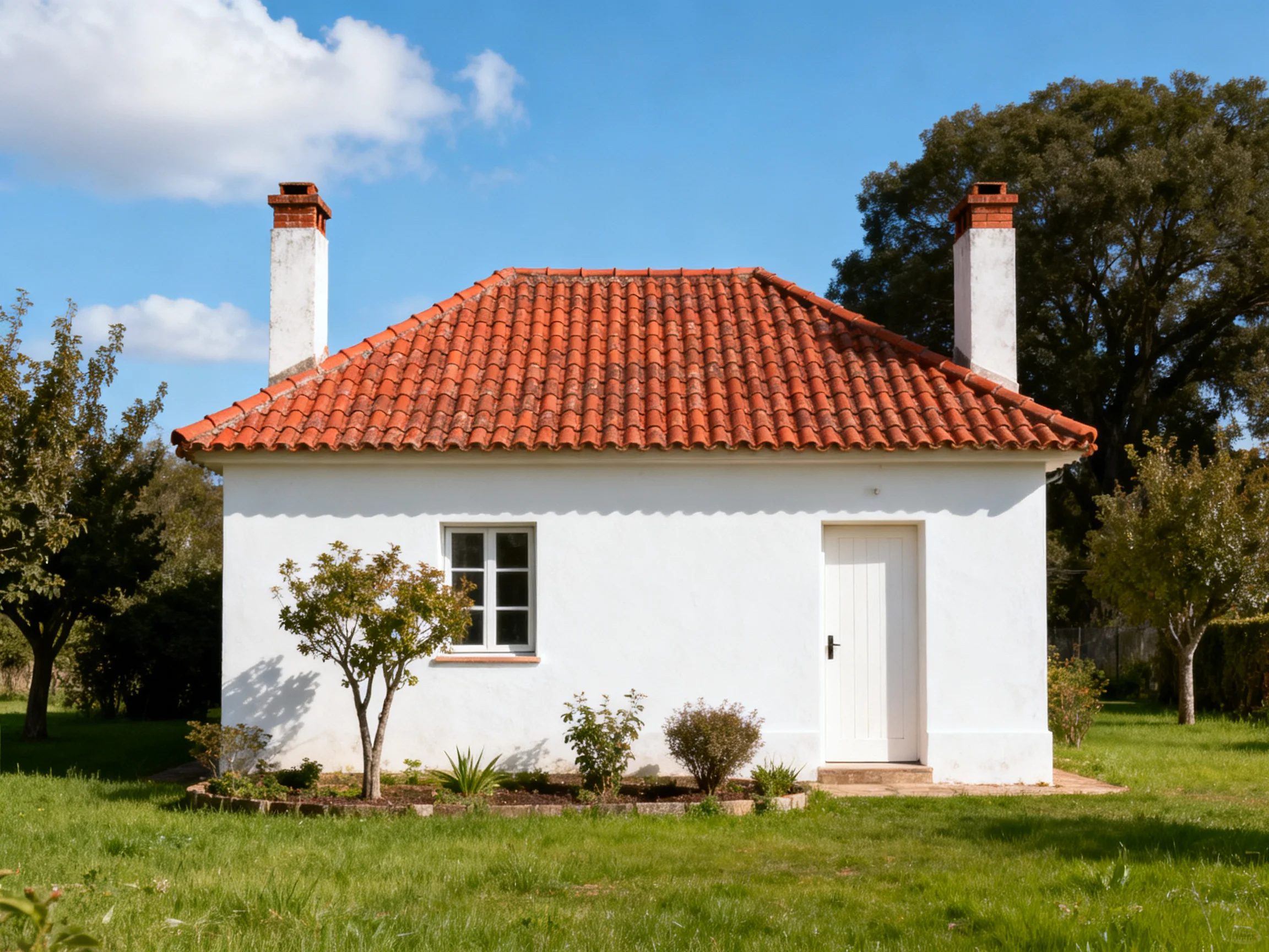 A charming white cottage with red tile roof and two chimneys
