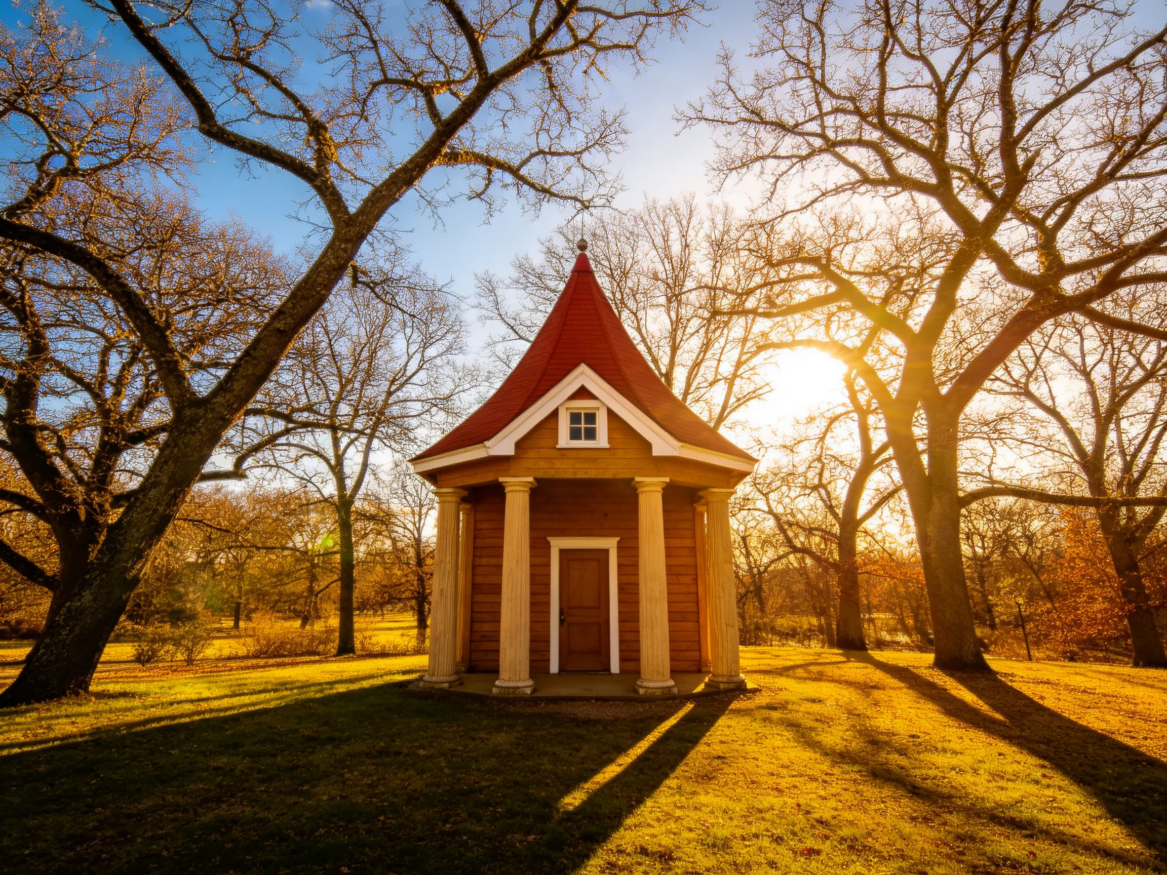 A charming wooden gazebo with a red roof amid autumnal trees