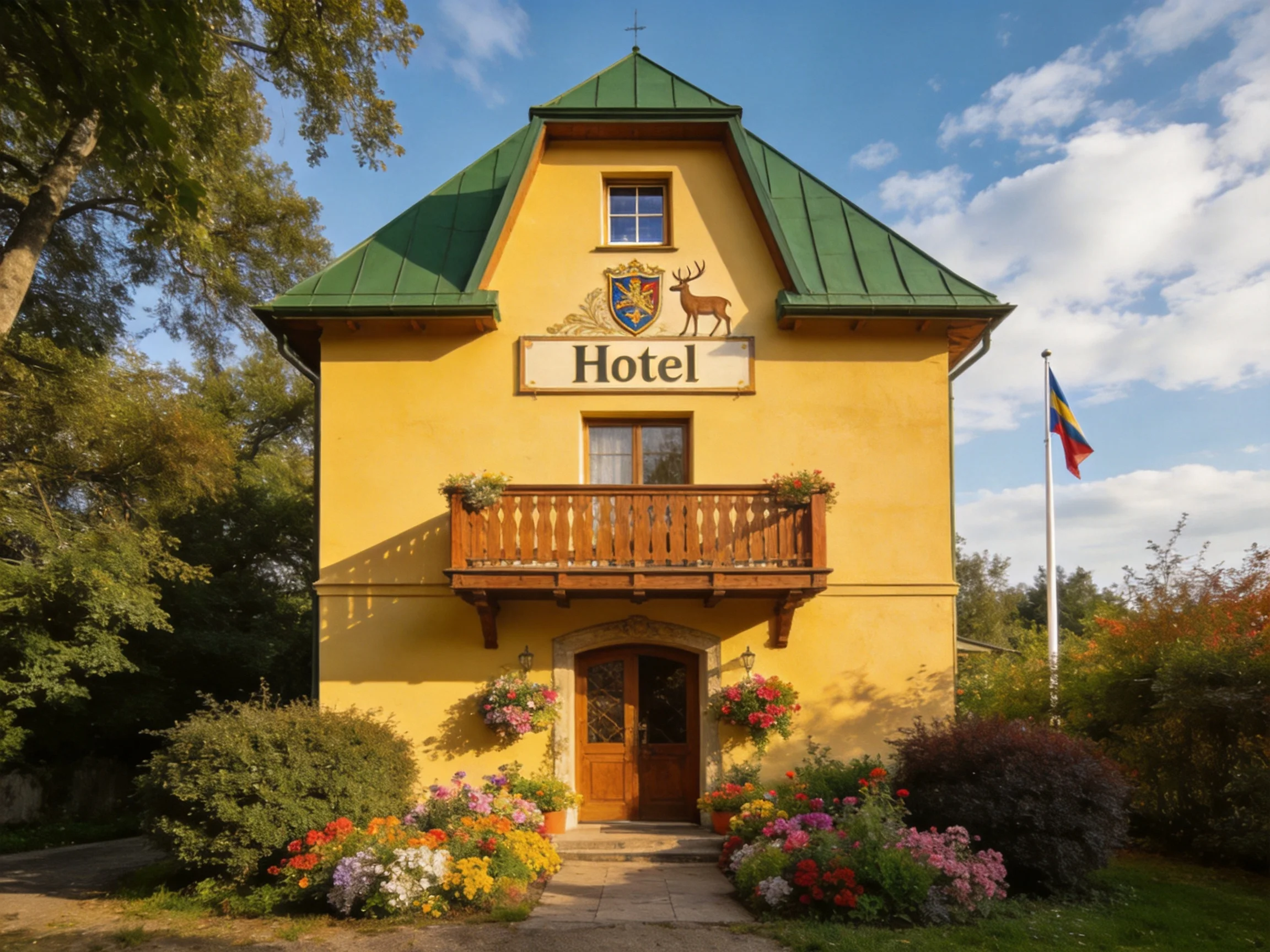 A charming yellow hotel with green roof and vibrant flower gardens