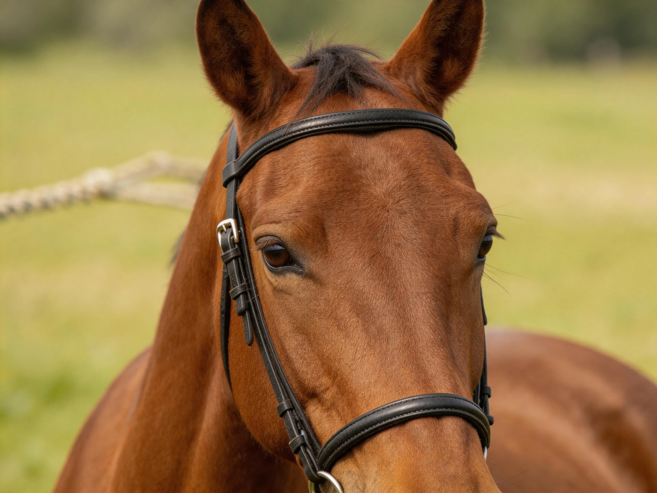 A chestnut horse wearing a black bridle in a green field