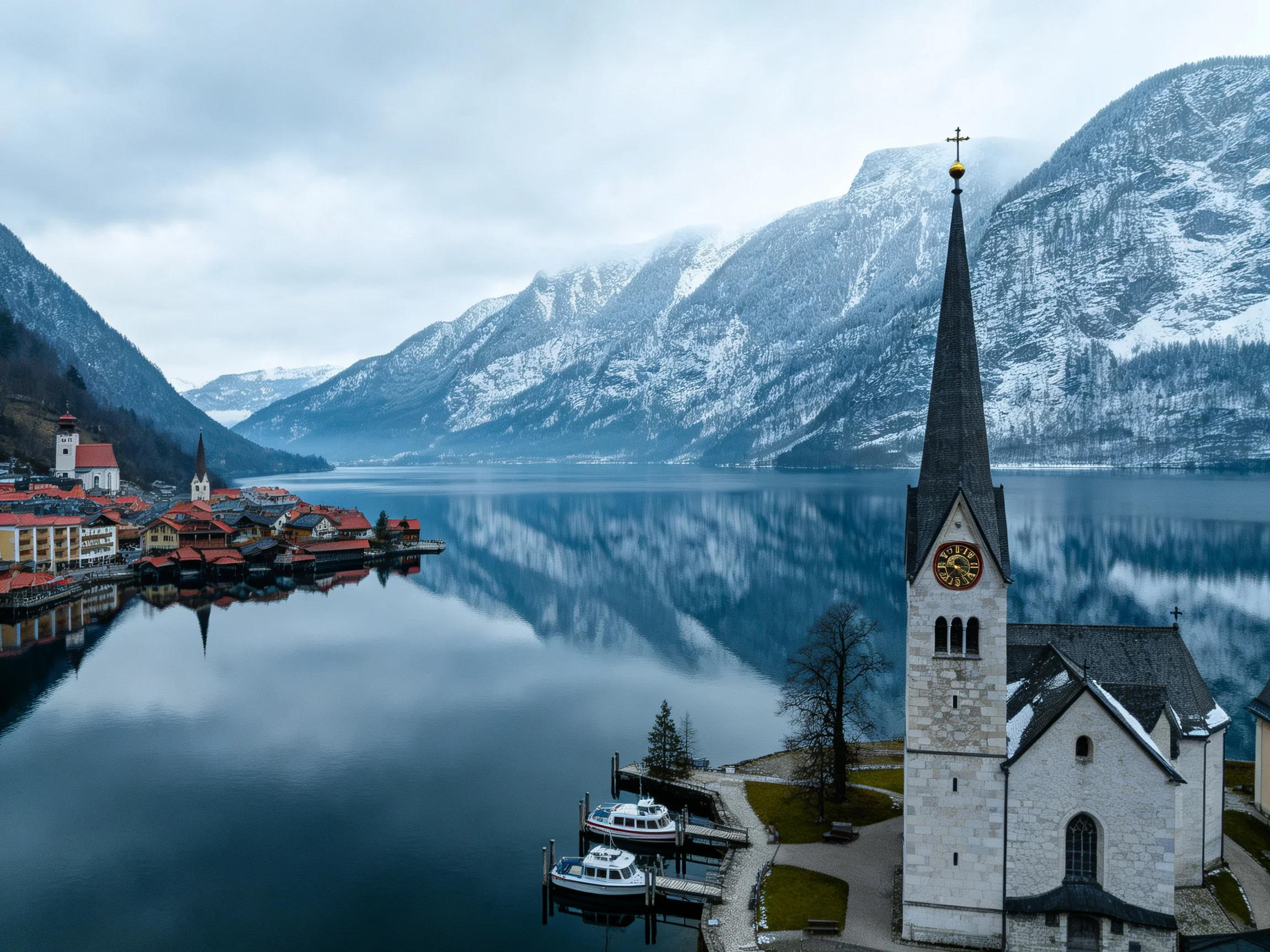 A church tower overlooks a serene lake with snow - capped mountains