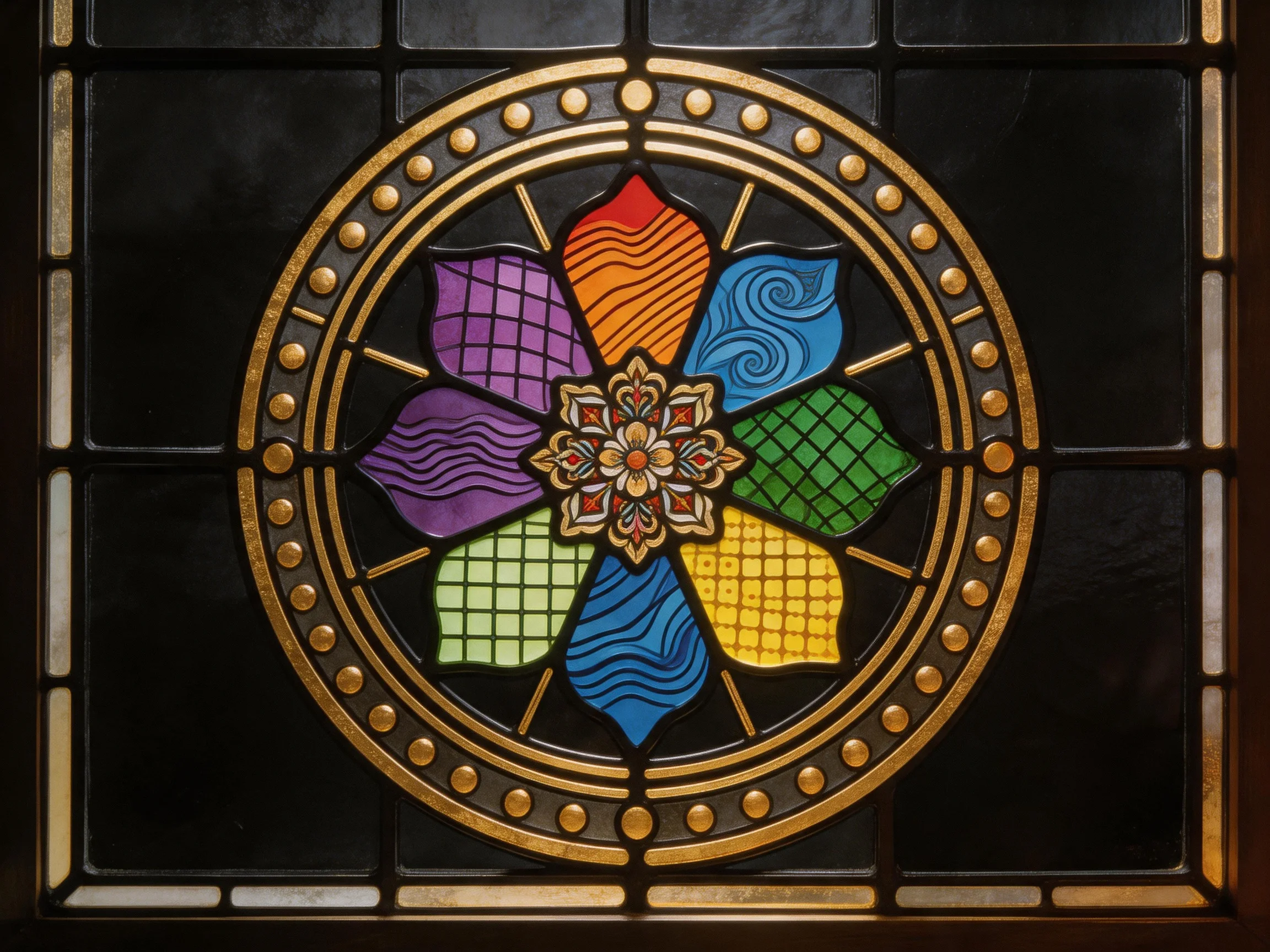 A circular stained glass window with vibrant colored segments and golden border
