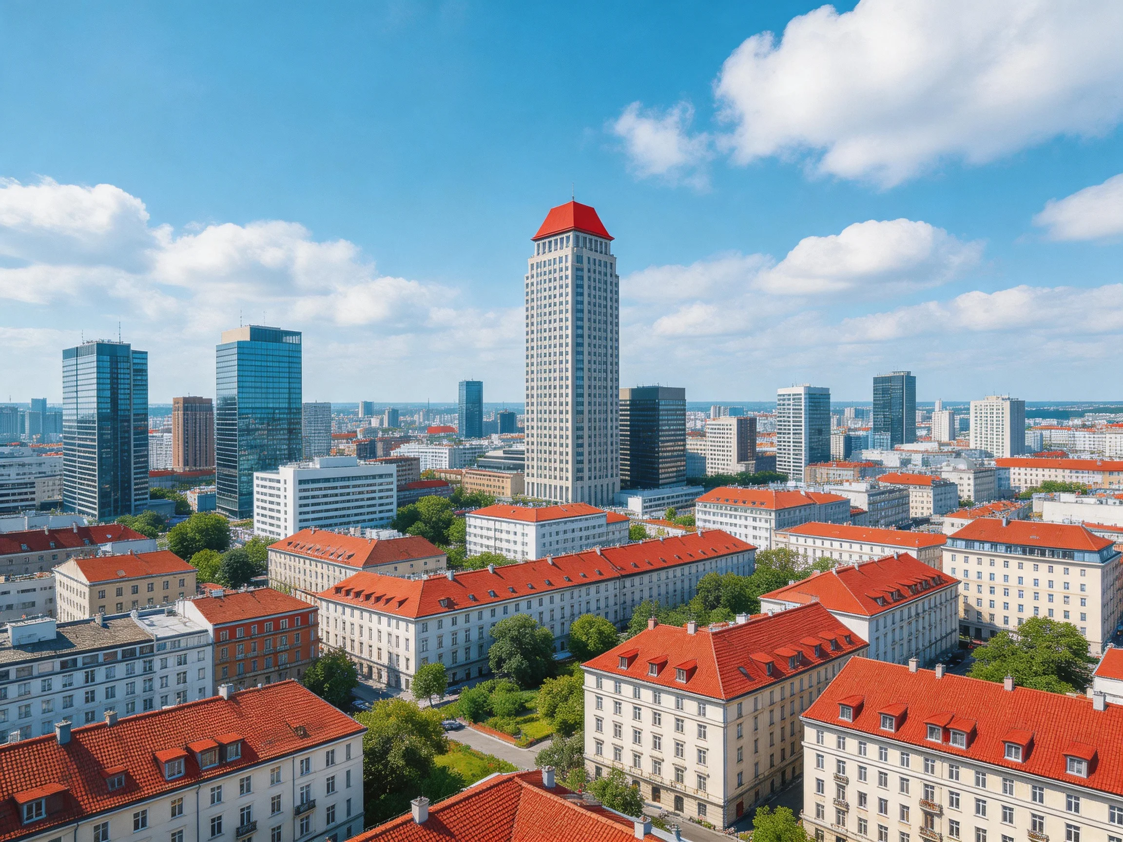 A cityscape with red-roofed buildings and a tall white tower with red roof