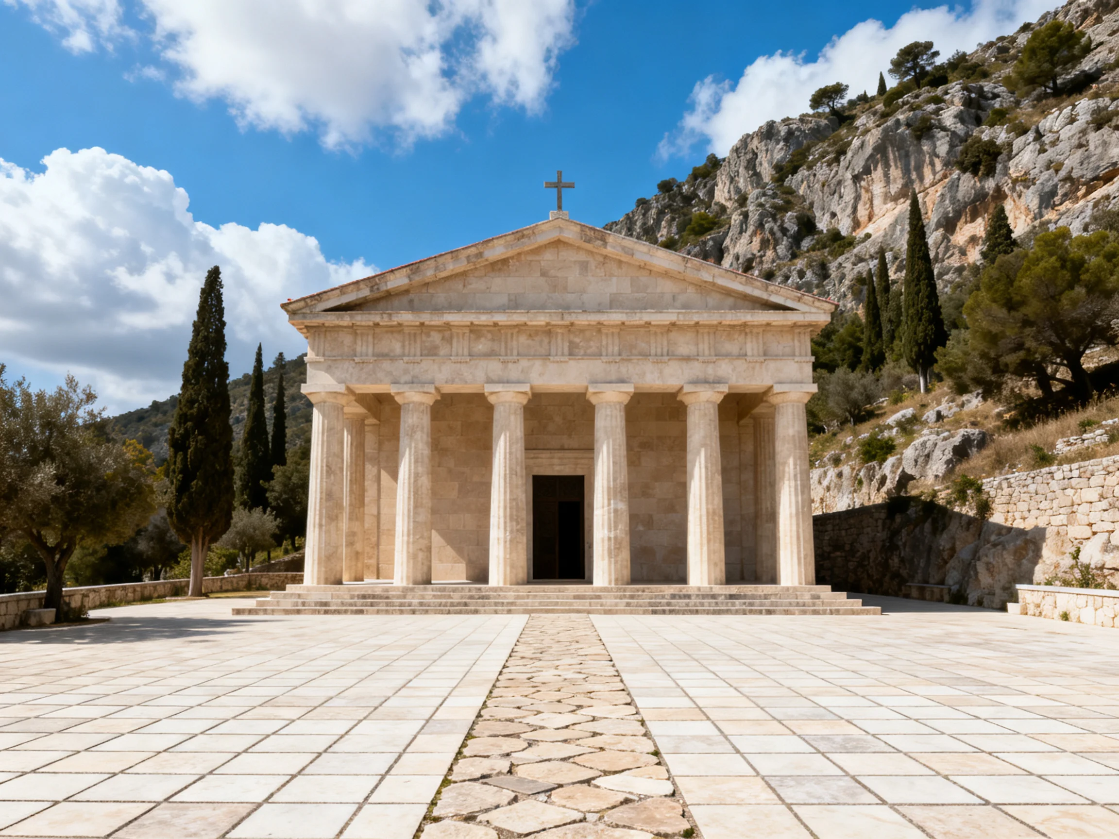A classical stone temple with columns beside rocky hills and tiled plaza