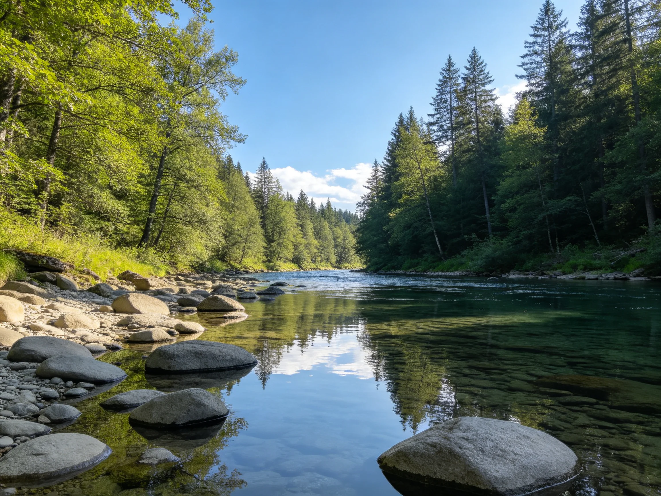 A clear river flows through dense green forests with smooth rocks