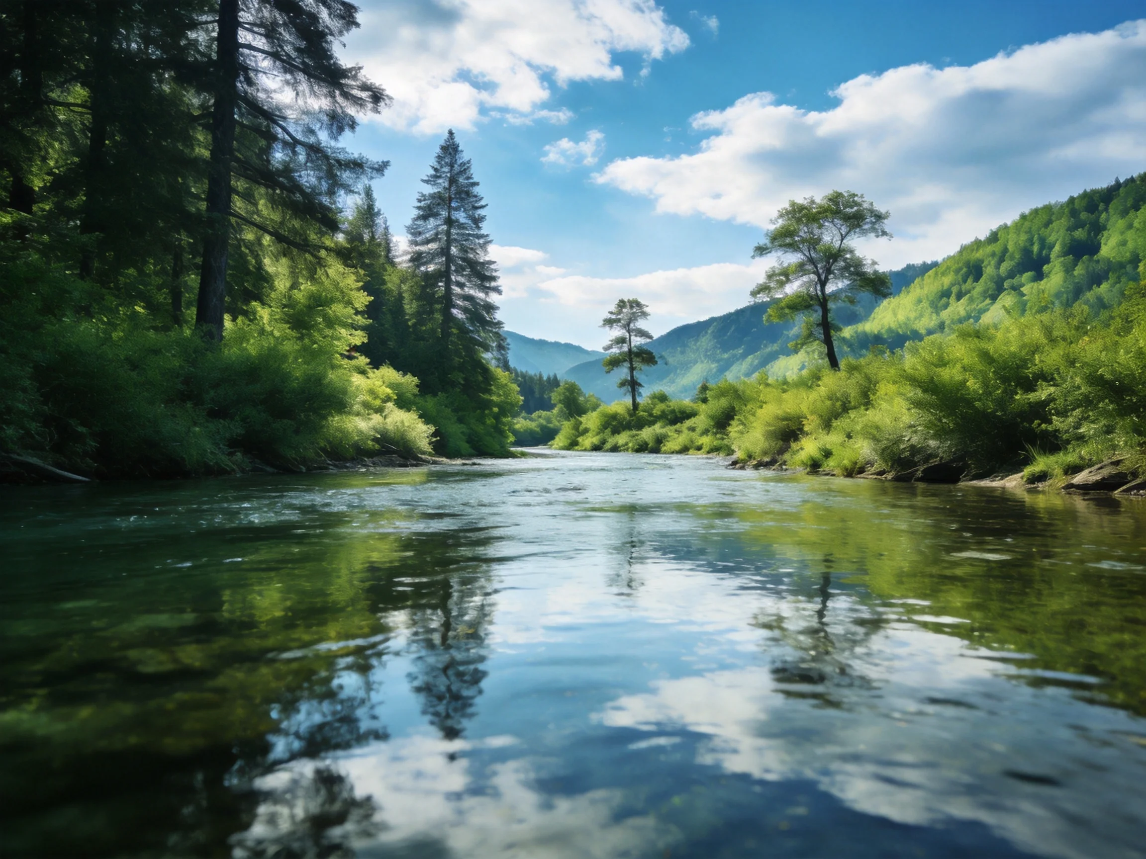 A clear river flows through lush forests and green mountain slopes