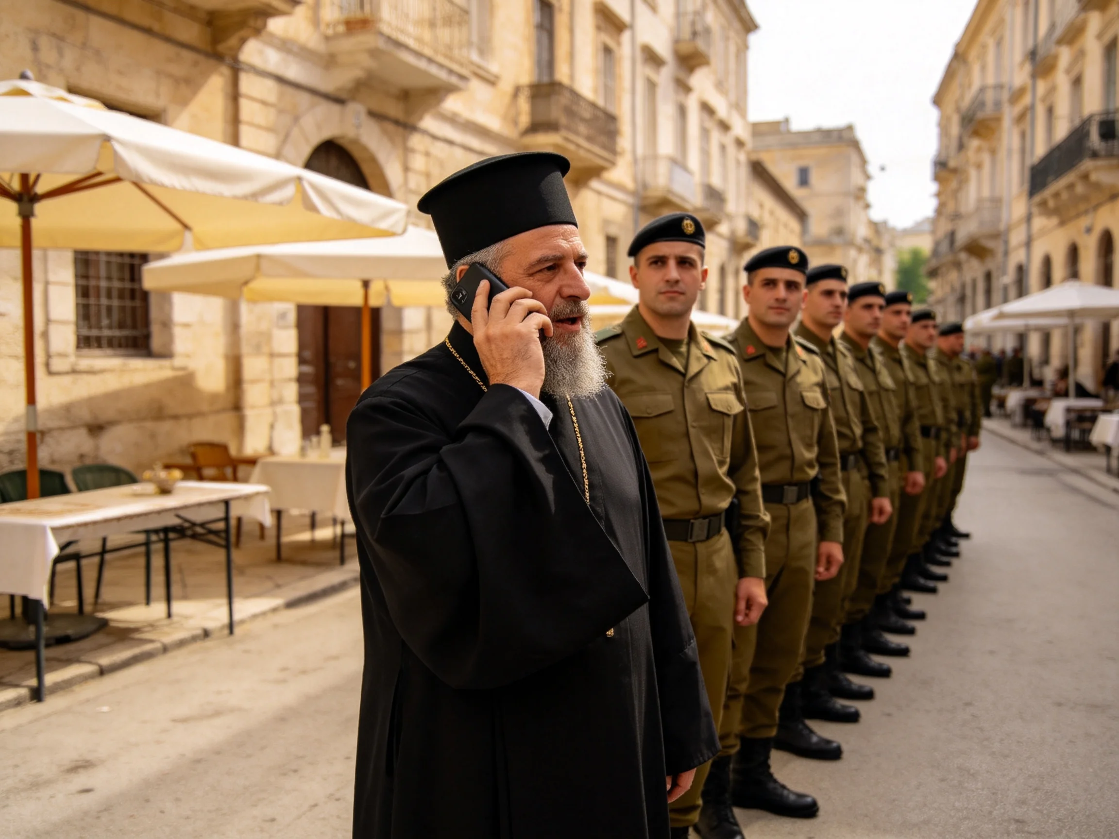 A clergyman in black robes talks on his phone near uniformed soldiers in an old town street.