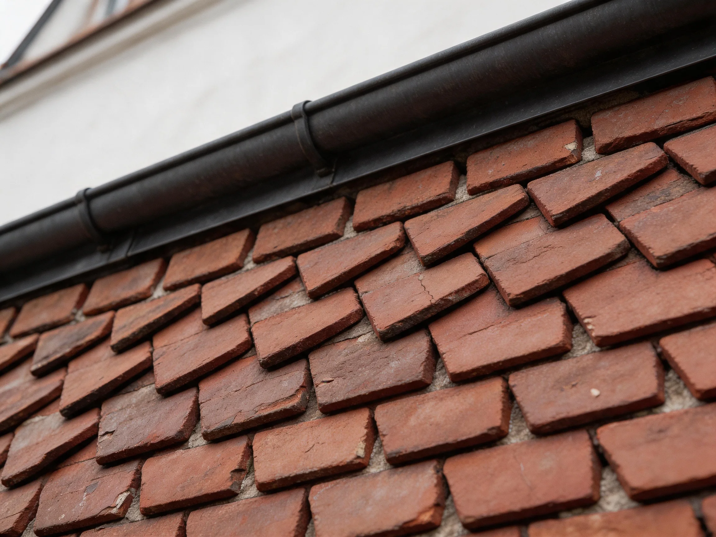 A close-up view of reddish-brown rectangular roof tiles with black gutter and white wall