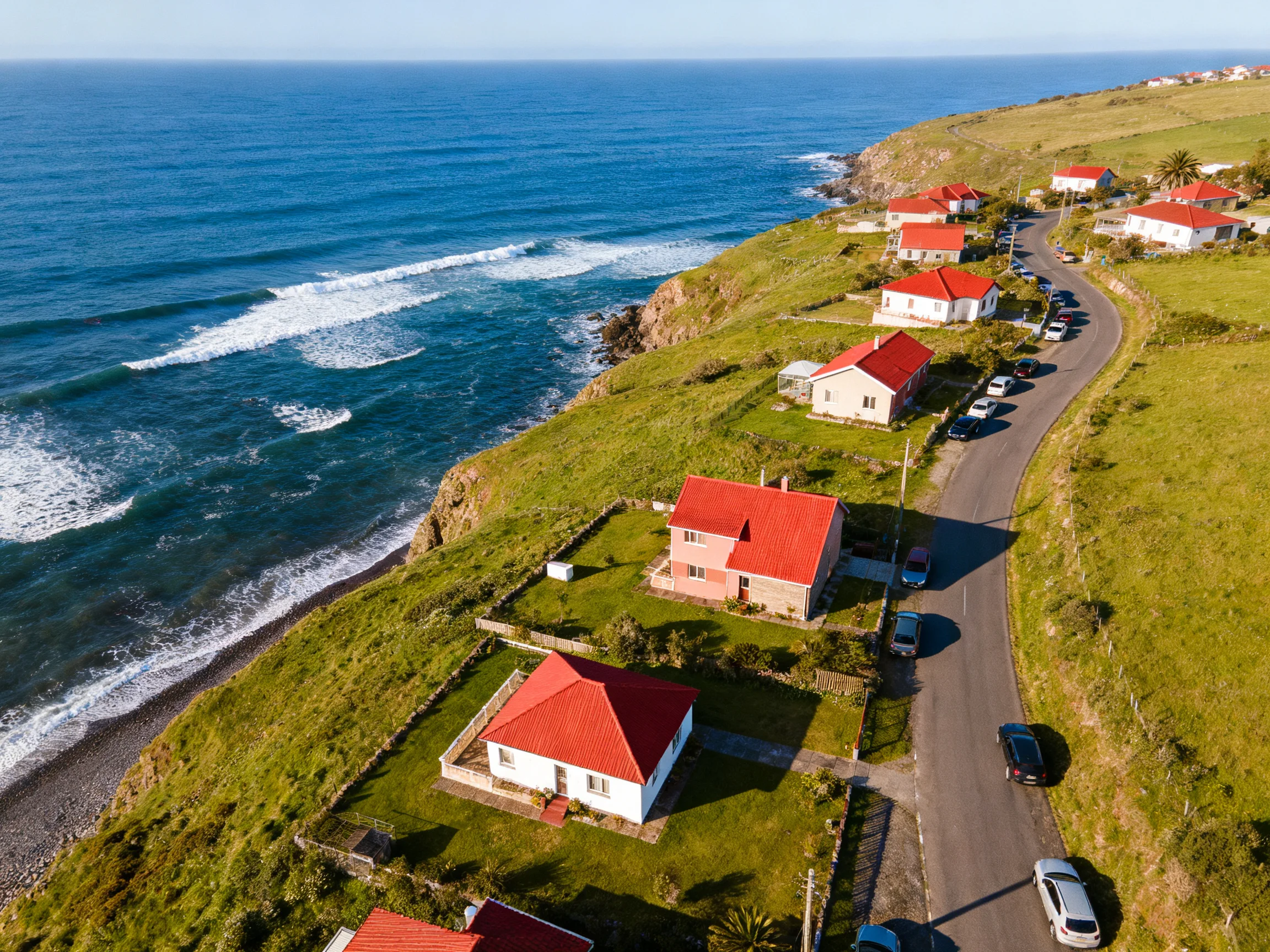 A coastal village with red-roofed cottages sits beside a winding road next to the ocean