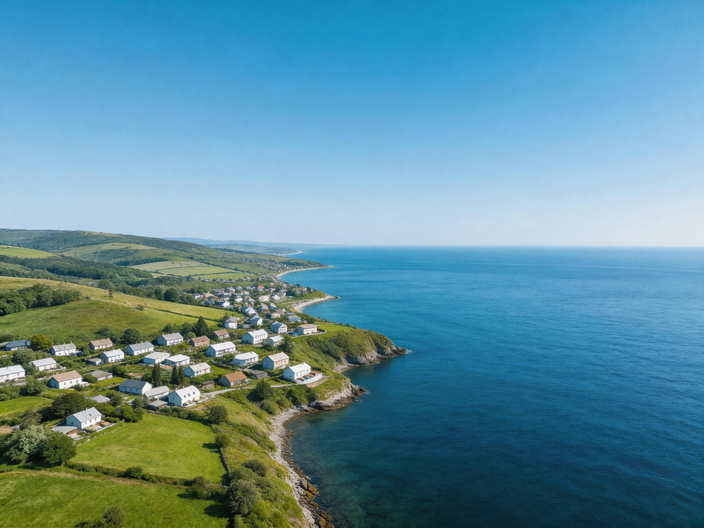 A coastal village with white homes along emerald hills and deep blue ocean