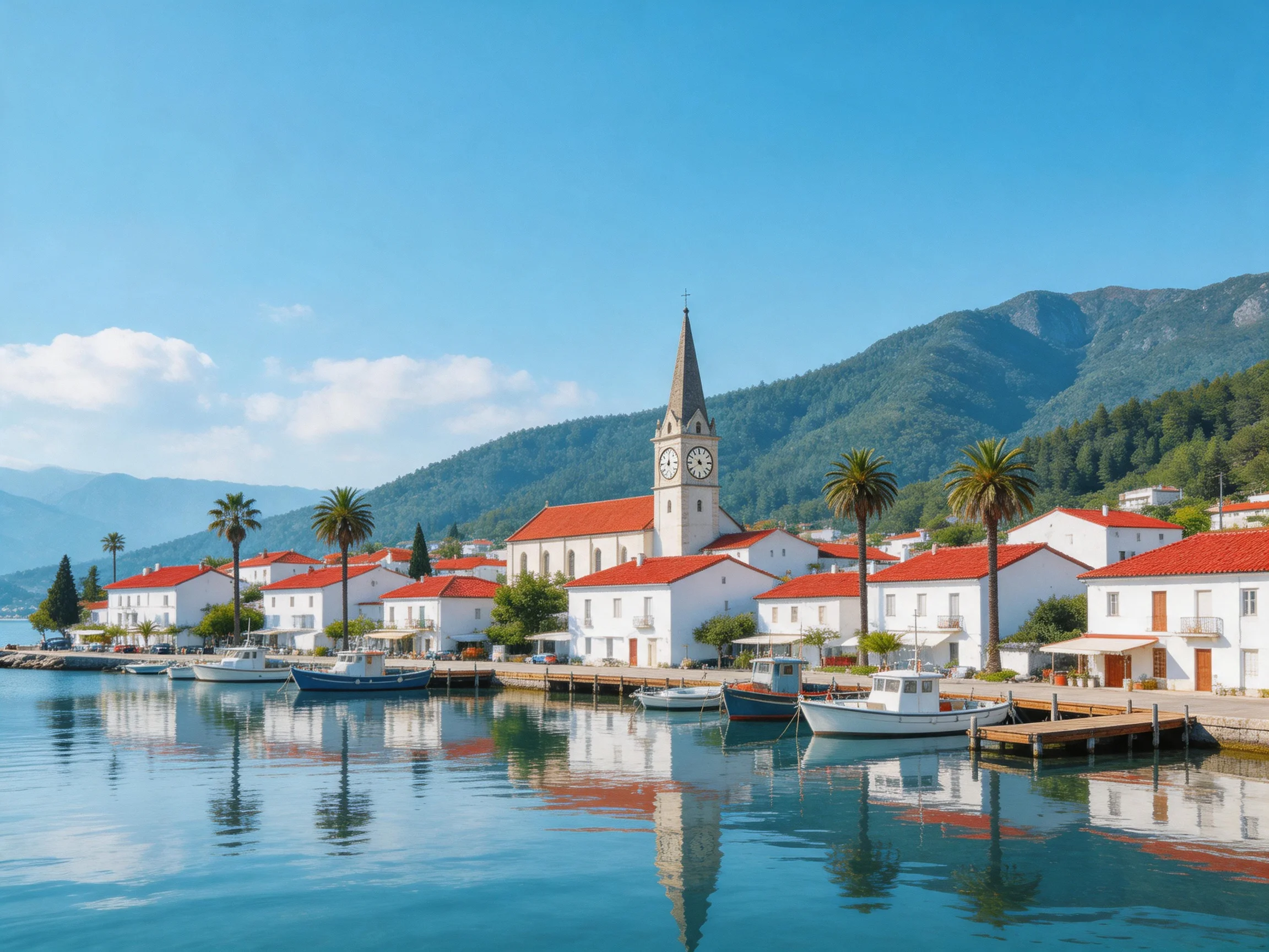 A coastal village with white houses, red roofs, and a clock tower near mountains