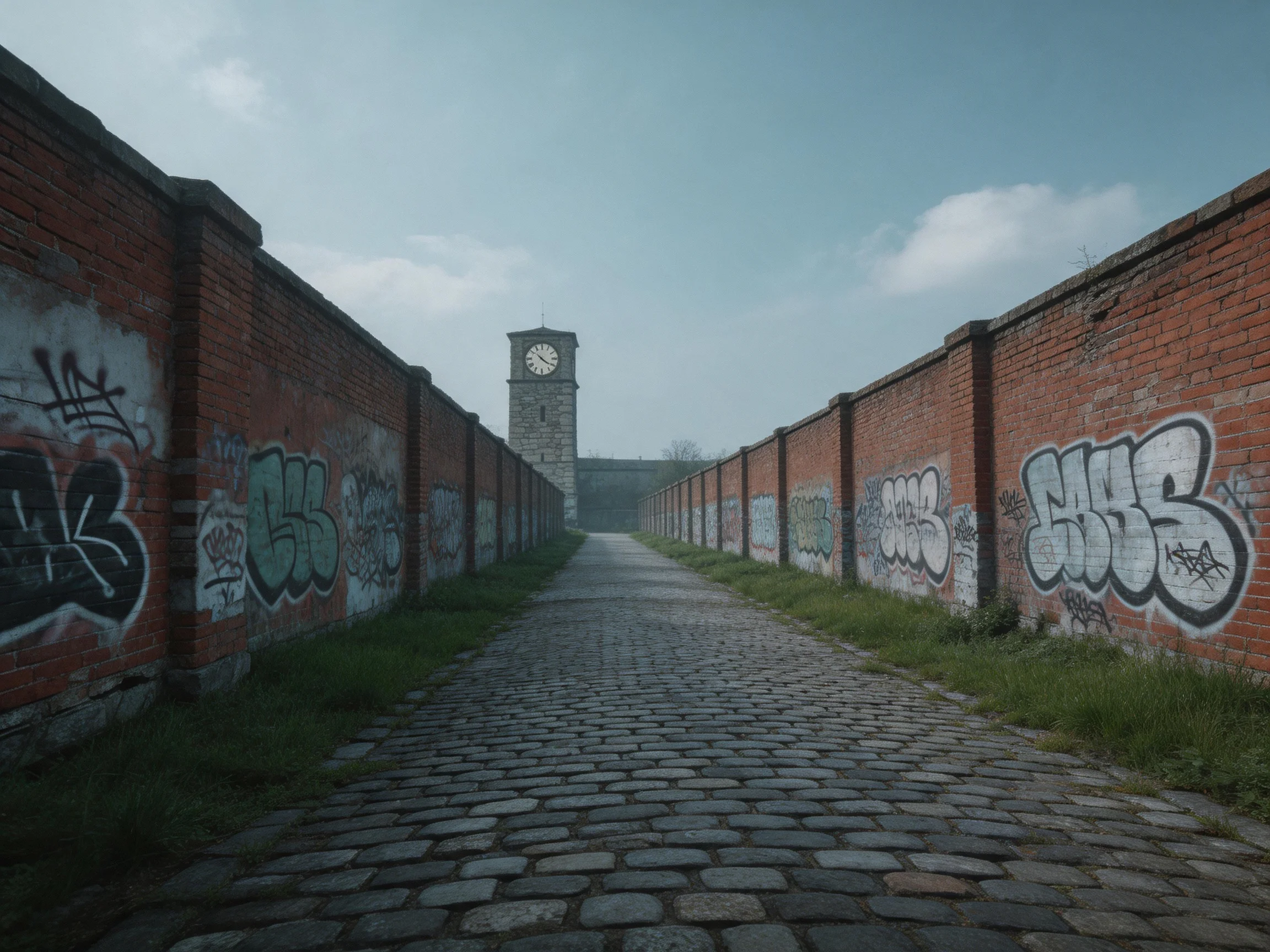 A cobblestone path between graffiti-covered brick walls leads to a stone clock tower