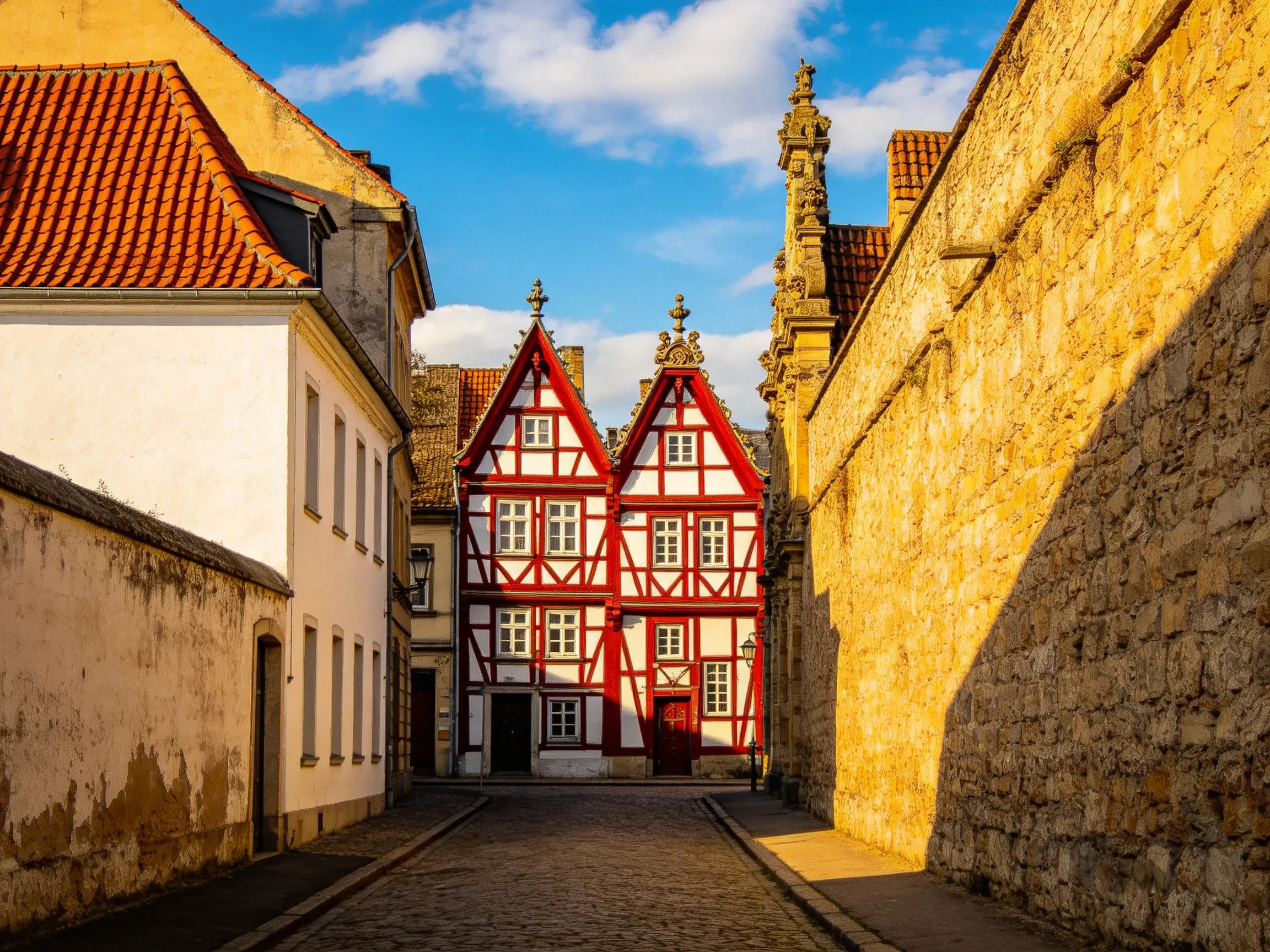 A cobblestone street leads to red-trimmed timber-framed historic buildings near stone walls