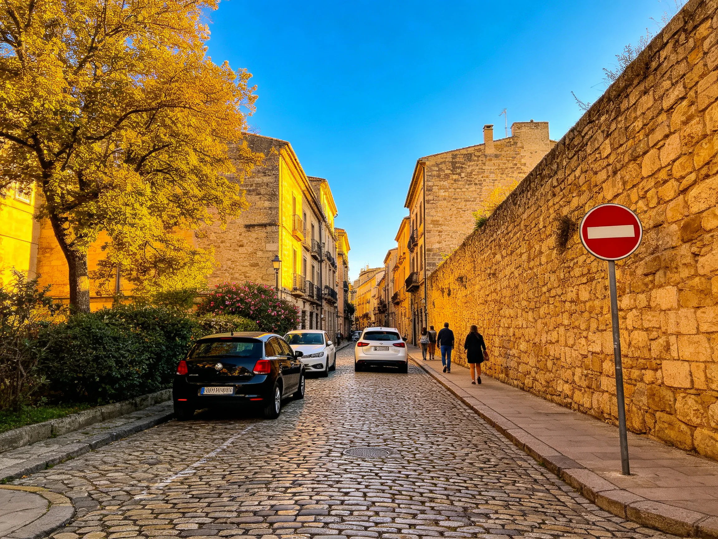 A cobblestone street lined with ancient stone buildings and golden-leaved trees
